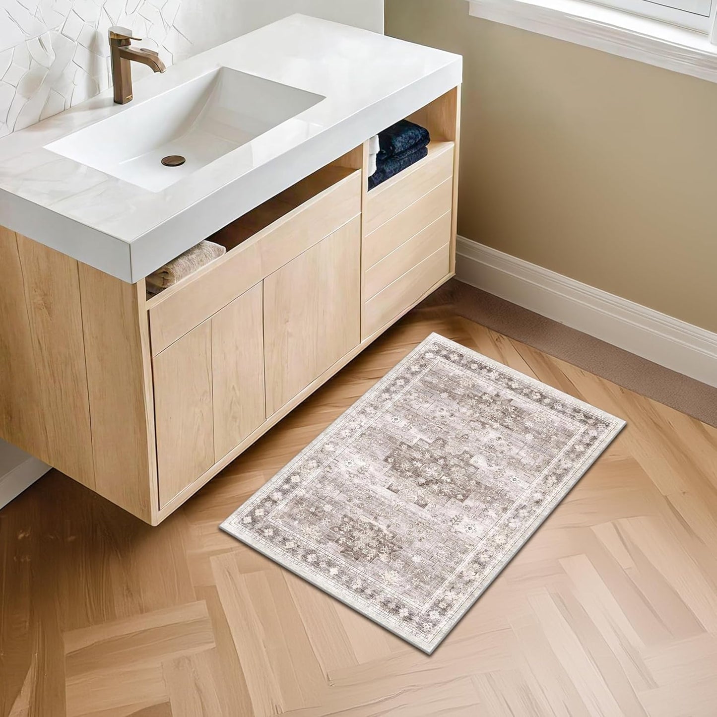 Boho Bathroom Rugs - Washable Non-Slip Soft Low Pile Area Rug for Entryway, Kitchen, and Indoor Spaces - Modern Farmhouse Design, Perfect for Boho Décor (2x3 Beige/Latte)