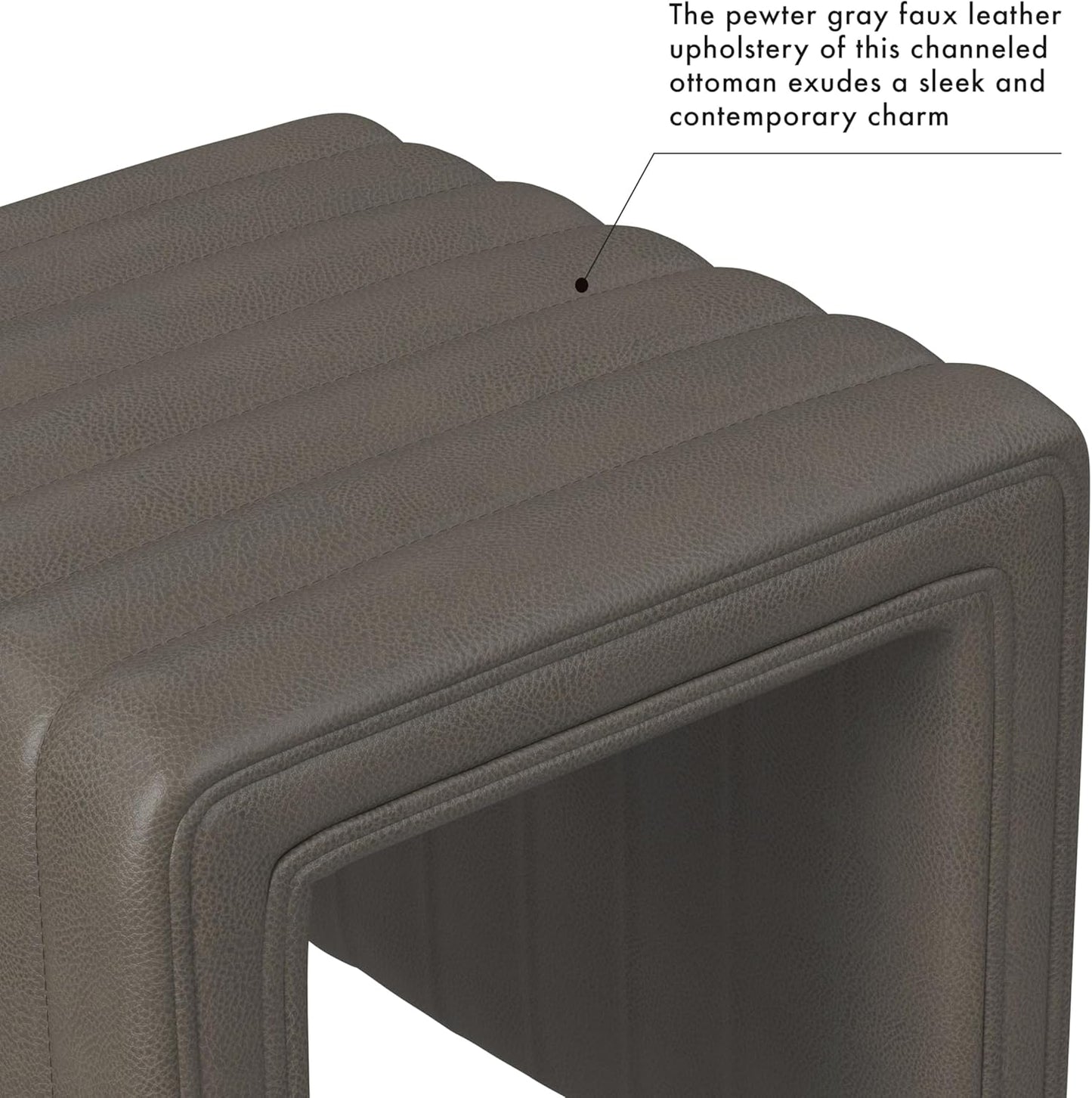 HomePop Modern Channel Tufted Faux Leather Ottoman Home Décor|Ottoman for Living Room & Bedroom - Pewter Gray Faux Leather