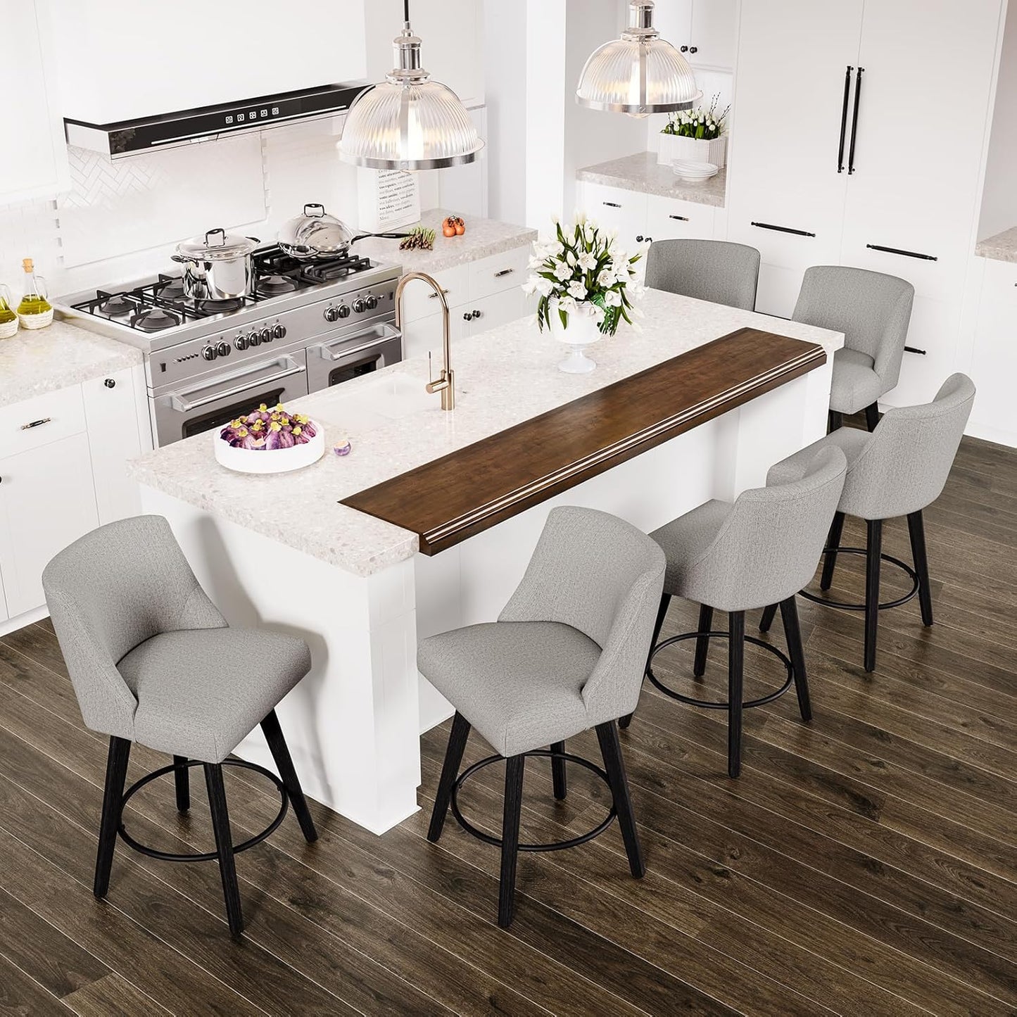 Counter Height Swivel Bar Stools Set of 6, 26 Inch Bar Stools with Footrest, Linen Fabric Upholstered Barstools with Back and Solid Wood Legs for Kitchen Island, Dining Room,Pub,Light Grey