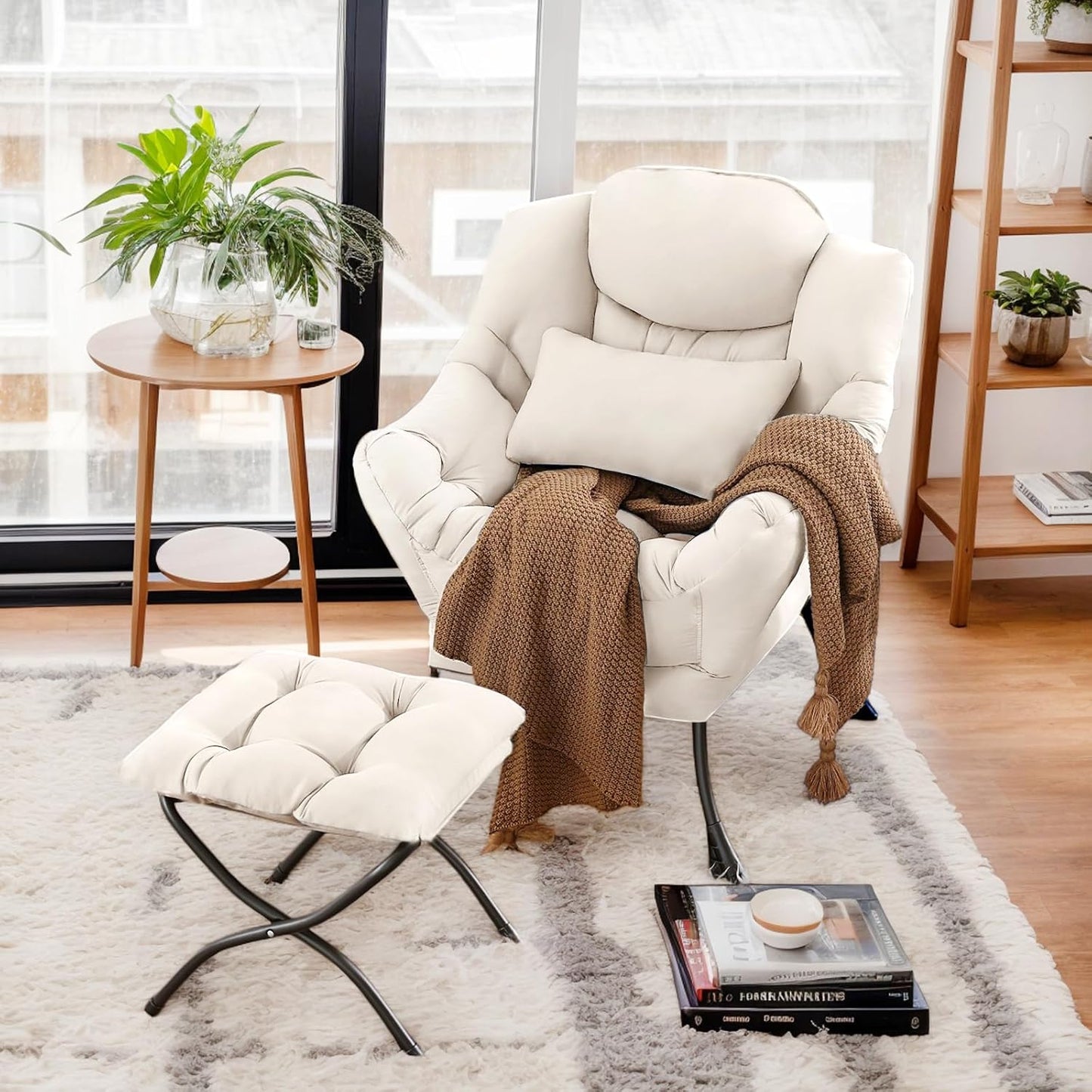 Lazy Chair with Ottoman, Comfy Fabric Accent Lounge Arm Chair with Lumbar Pillow and Folding Footrest, Reading Leisure Sofa Chair for Bedroom, Living Room, Dorm,Beige