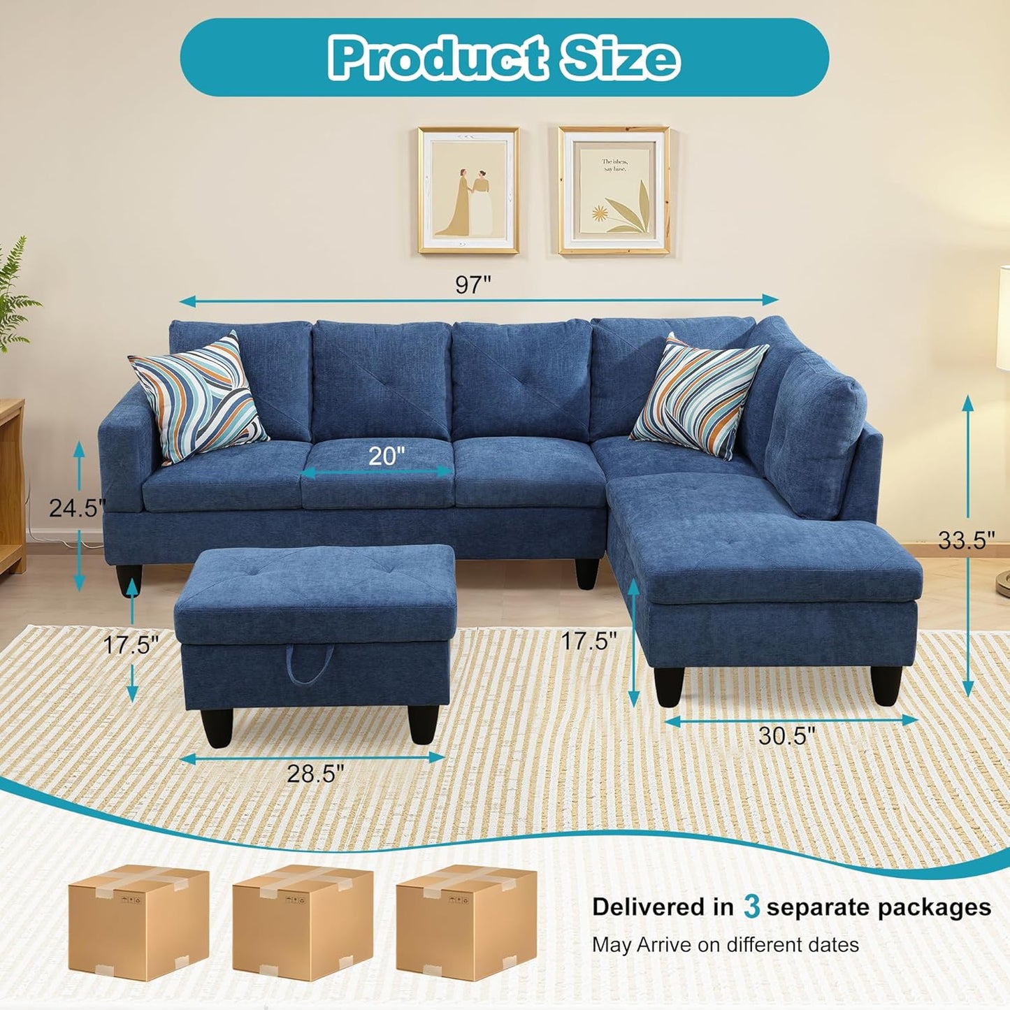 Couches for Living Room Modern L Shaped Couch Comfy Linen Fabric 3 Pieces Sectional Sofa with Chaise, Ottoman with Storage for Office and Small Apartment, Blue