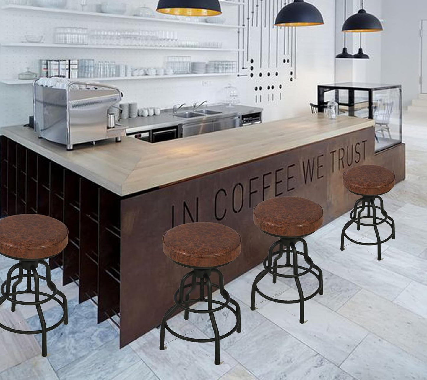 LOKKHAN Industrial Bar Stools-Swivel Leather Metal Bar Stool-20-27 Inch Tall Counter Height-Adjustable Kitchen Stool Dining Chair Cafe Stools (Set of 2)