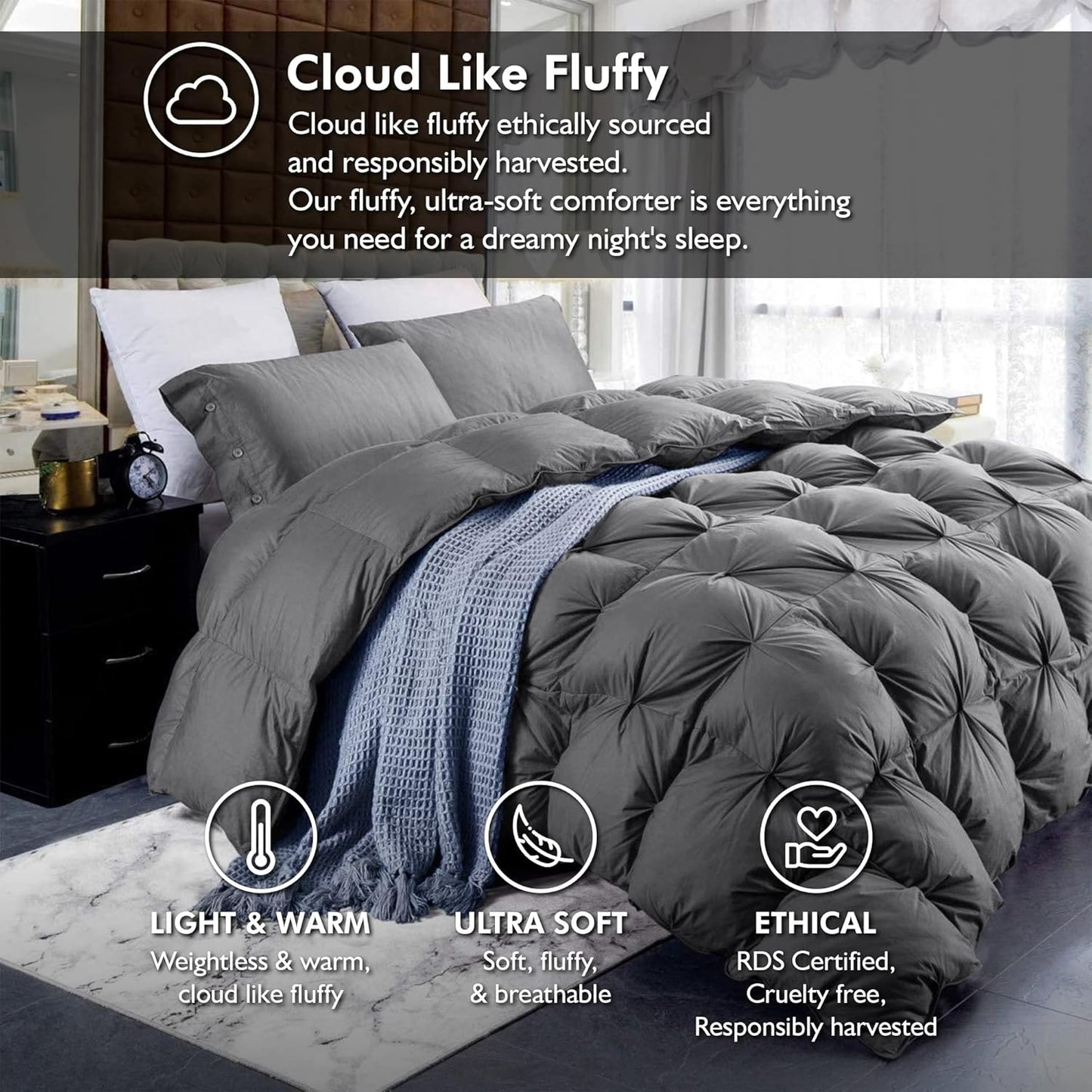 Luxurious All-Season Goose Down Feather Fiber Comforter Super King Size Duvet Insert (120x120), Exquisite Pinch Pleat Design- Gray, Premium Baffle Box, 100% Egyptian Cotton Cover, 85 oz. Fill Weight