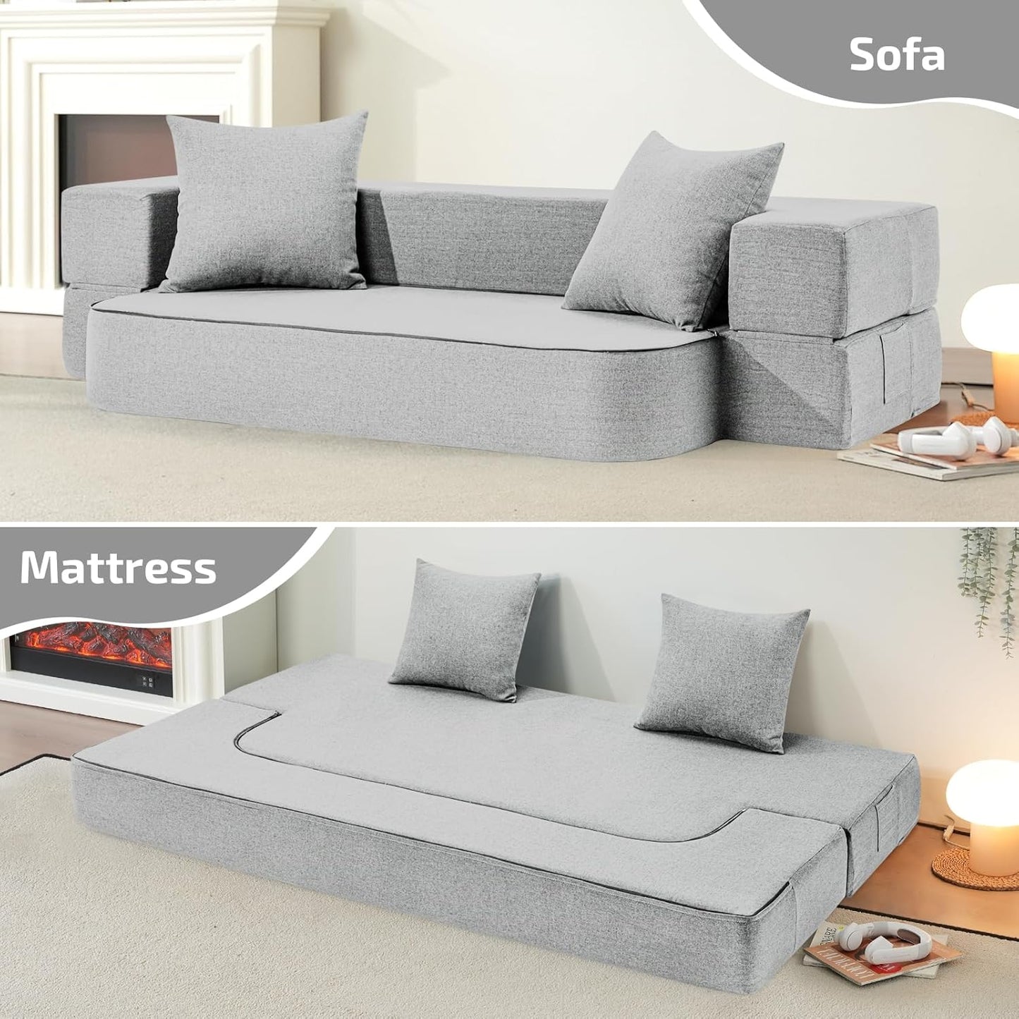 2-in-1 Folding Sofa Bed with Pillows - Folding Chair Floor Couch & Sleeping Mattress - Washable Cover & Memory Foam Sleeper Chair for Living Room/Guest Room/Apartment/Loft, Light Gray, Twin