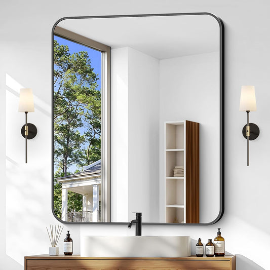 Bathroom Mirror, 36 x 30 inch Metal Framed Black Rectangle Mirror, Rounded Corner Rectangular Vanity Mirror, Wall Mounted Mirror for Modern Bedroom Living Room Hangs Horizontal or Vertical