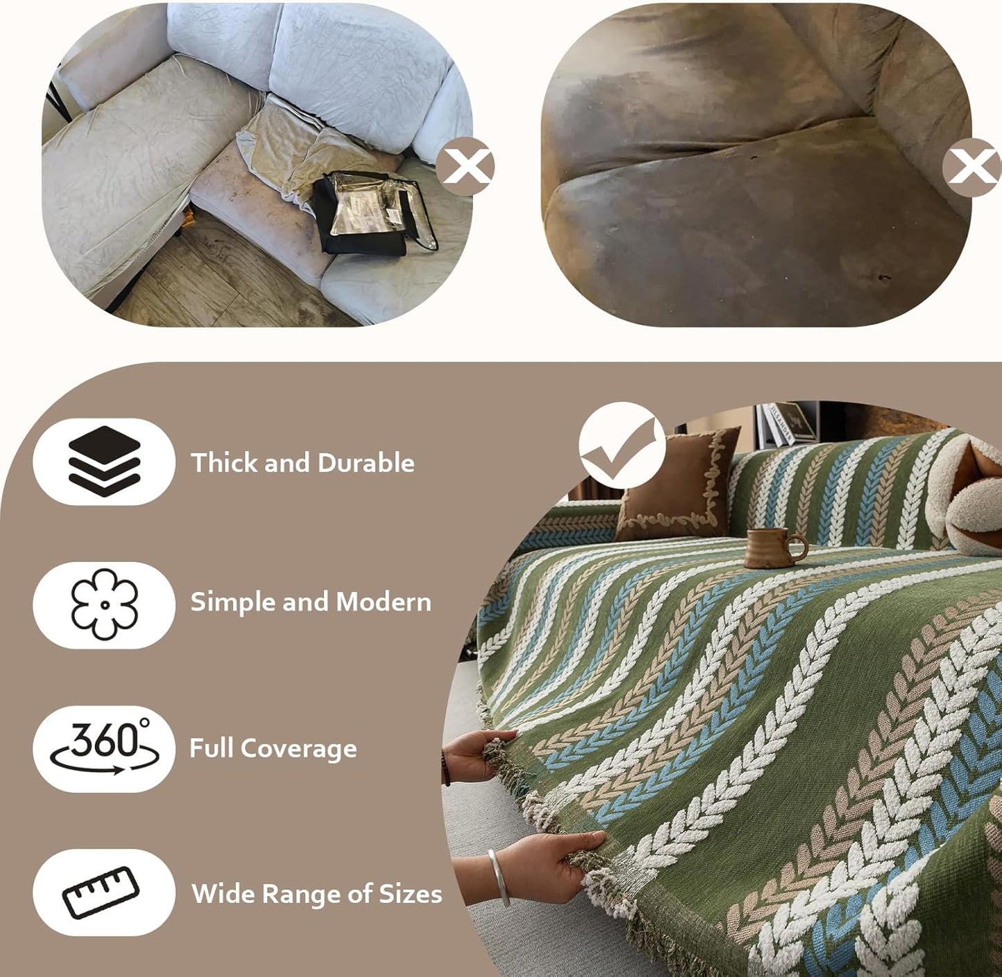 STACYPIK Thick Jacquard Green Couch Cover, Washable Sofa Cover for 3 Cushion Couch, Washable Chenille Couch Cover Blanket, Multi-use Sofa Protector Slipcover, Furniture Protector Pet-Friendly-71X134IN