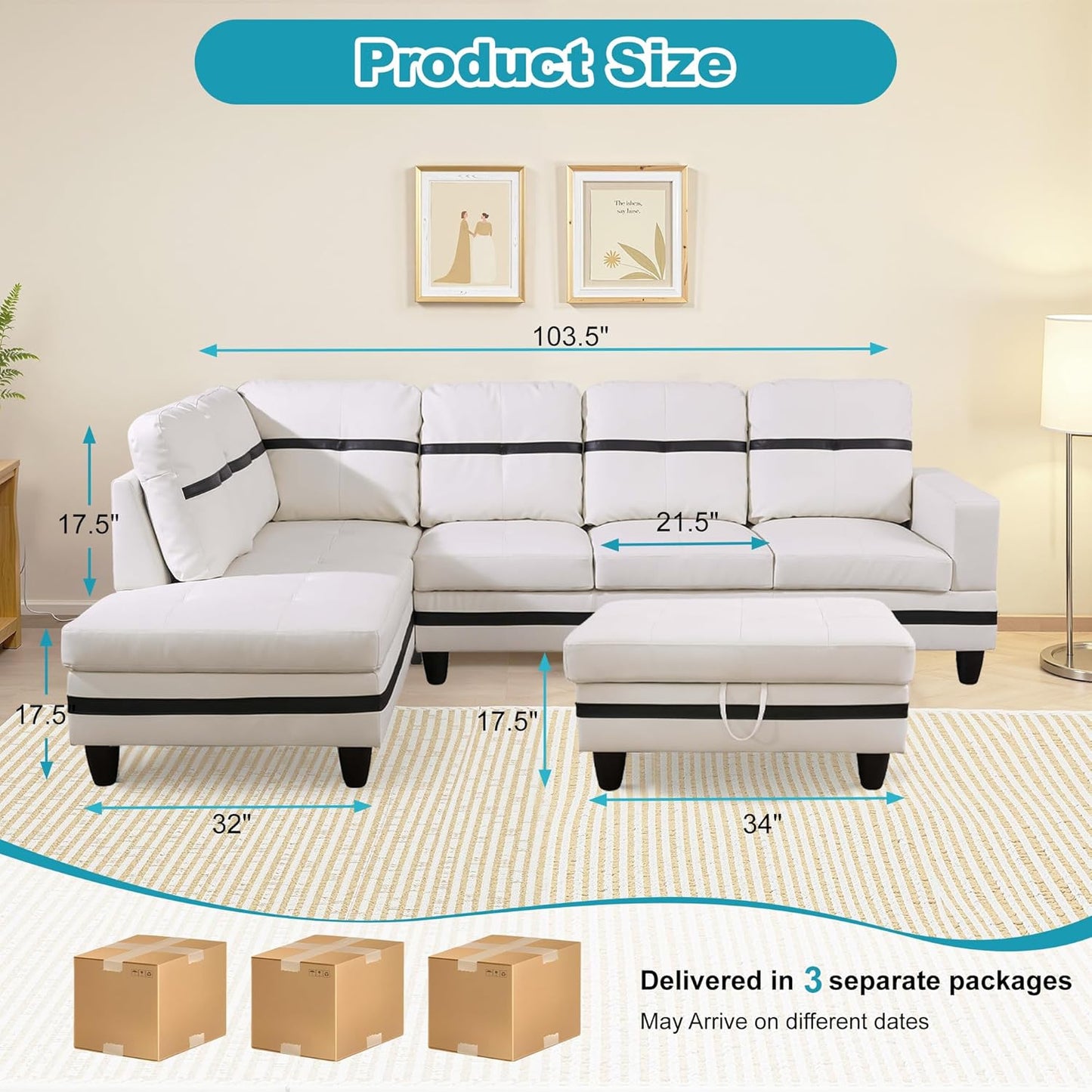 L Shaped Couch PU Leather Sectional Couch Upholstered 3 Pieces Sofas for Living Room with Chaise, Storage Ottoman for Office and Small Apartment, White and Black