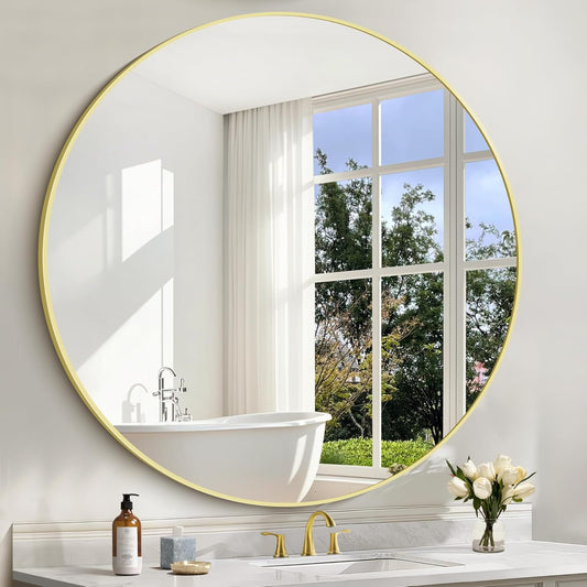 Gold Round Mirror, 48 inch Large Circle Mirrors, Aluminum Metal Frame Big Round Bathroom Mirror, Oversized Circle Mirror, Huge Circular Mirrors for Wall Bathroom Entryway Bedroom Living Room