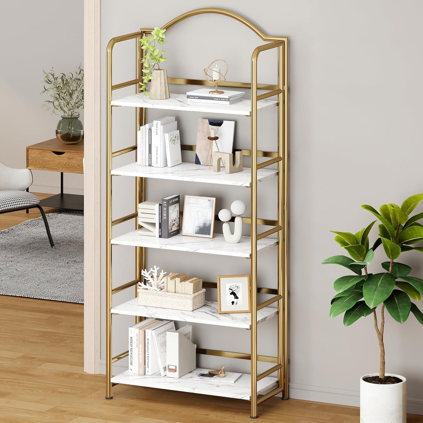 No-Assembly Gold Folding Bookshelf Storage Shelves 5 Tiers Vintage Multifunctional Plant Flower Stand Storage Rack Shelves Bookcase for Home Office
