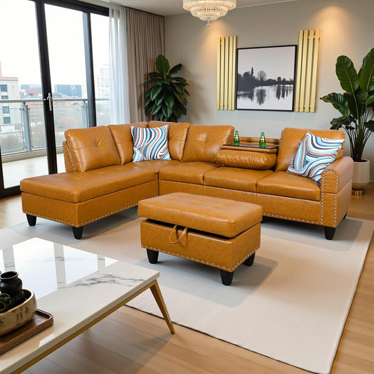 97.5" Oversized Sectional Couch, L Shaped Couch with Storage Ottoman, Modern Modular Sofa with Deep Seat, Sectional Couches for Living Room and Office, Ginger (PU Leather)