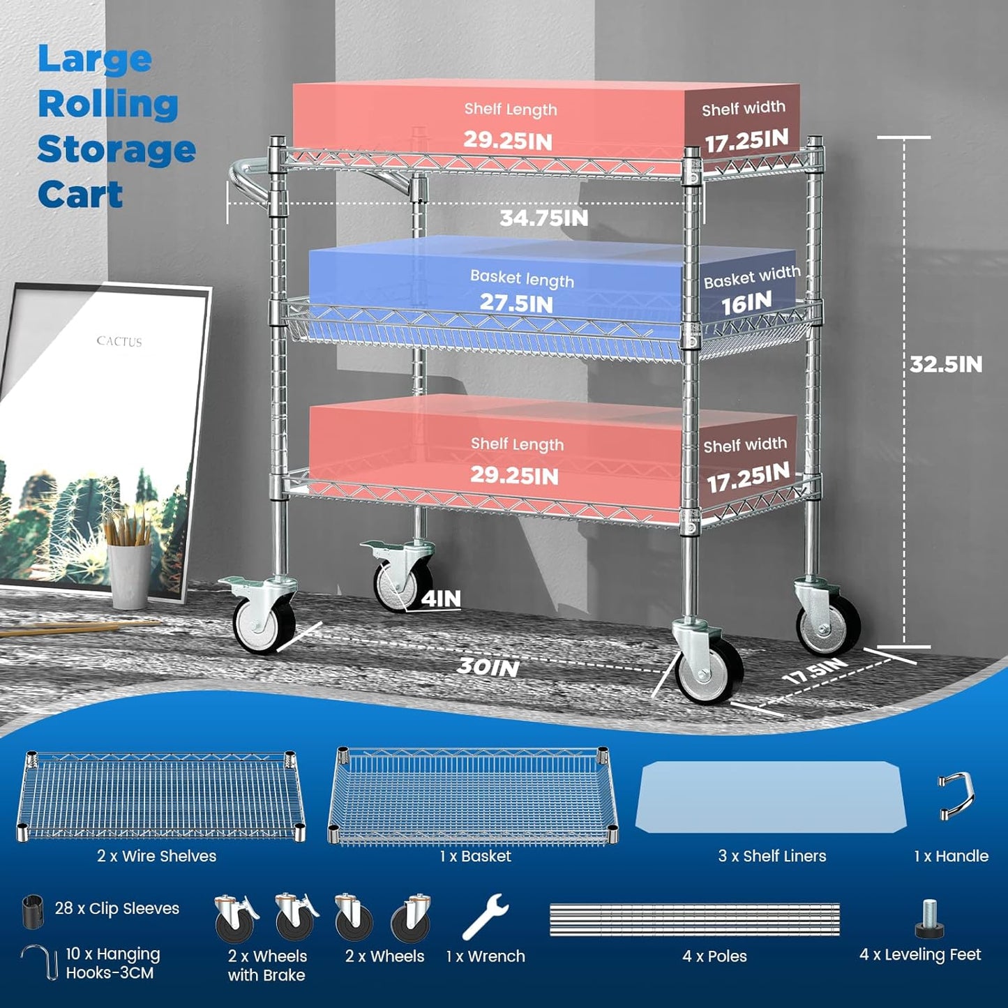 Leteuke Heavy Duty 3 Tier Rolling Utility Cart,NSF Certified 990Lbs Capacity Rolling Carts with Wheels,Commercial Grade Metal Cart with Handle Bar & Shelf Liner,Trolley Serving Cart for Kitchen,Chrome