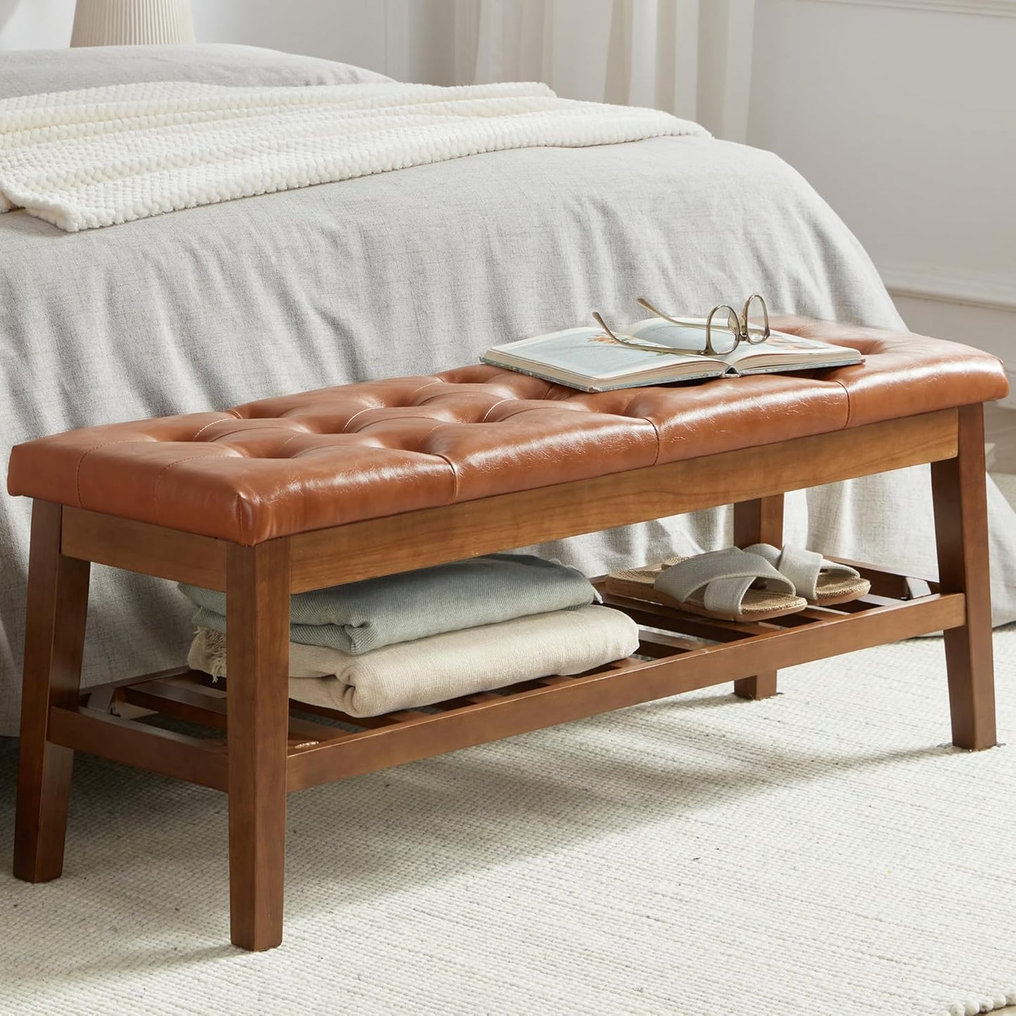 Upholstered Shoe Bench Entryway Bench for Bedroom, End of Bed, Ottoman Bench Tufted Padded Seat with Solid Wood Shelf for Living Room, Faux Leather Cognac Brown