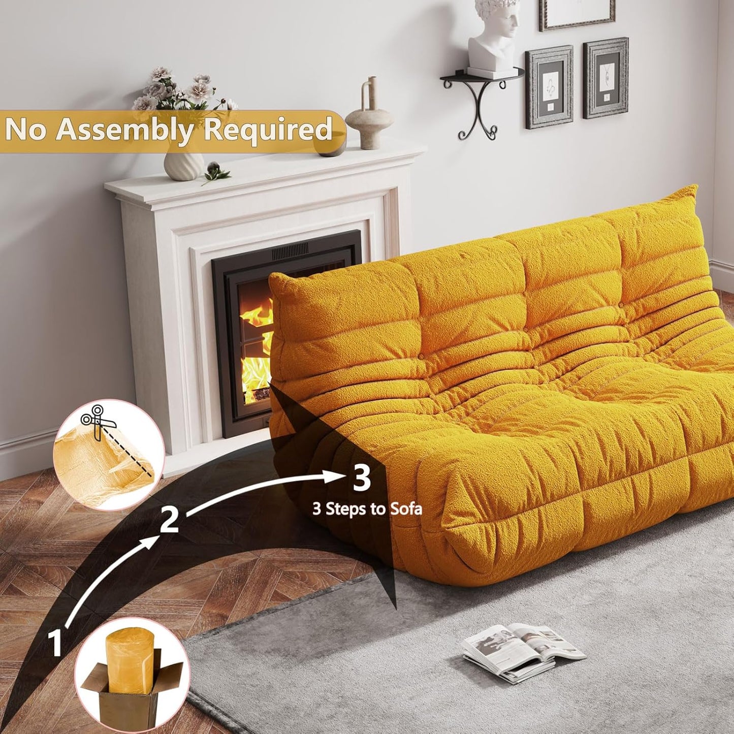 Bean Bag Chairs for Adults, BeanBag Reading Chair Memory Foam Couch 3-Seater, Floor Chair Soft Teddy Material, Comfy Reading Nook Chairs for Bedroom Living Room Office (Yellow)