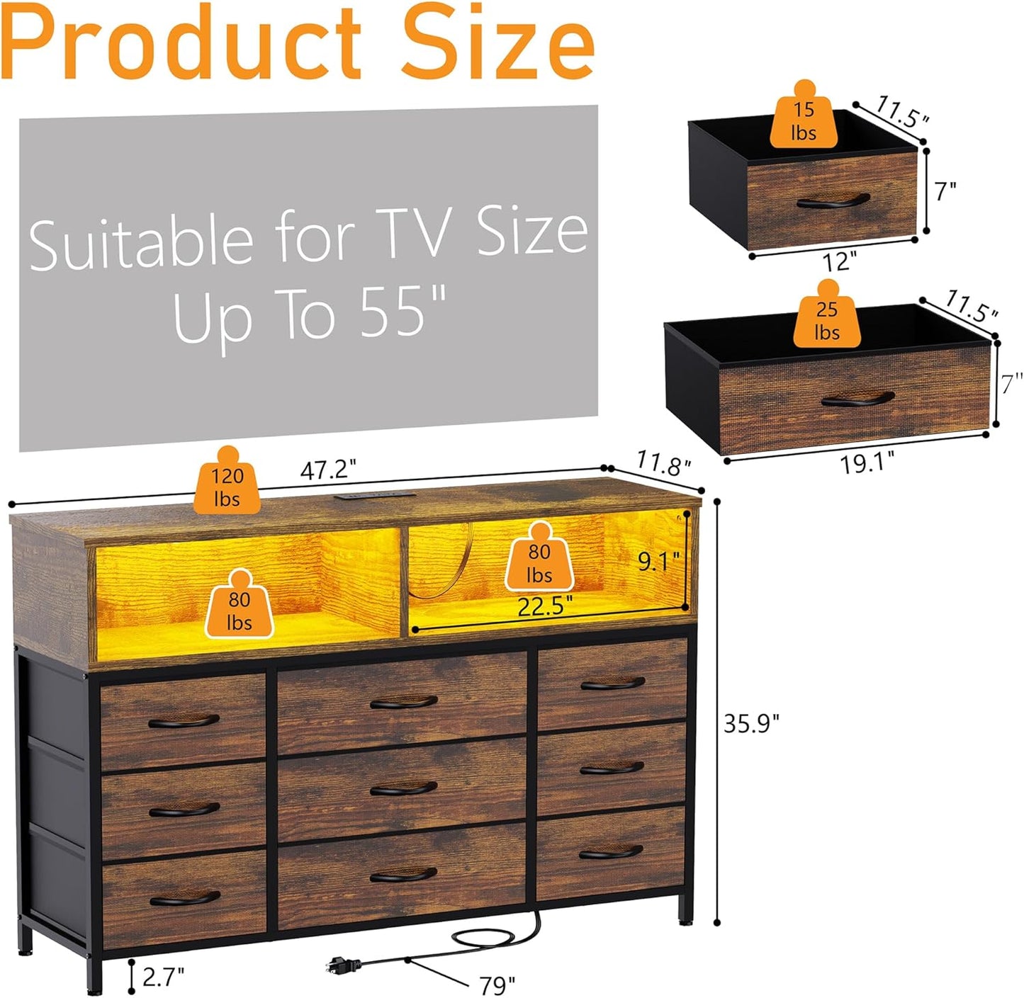 Dresser for Bedroom, 9 Drawers Led Dresser TV Stand with Power Outlets and LED Lights, Long Fabric Dressers Wide Chest of Drawers with Large Organizer for Living Room, Entryway, Hallway