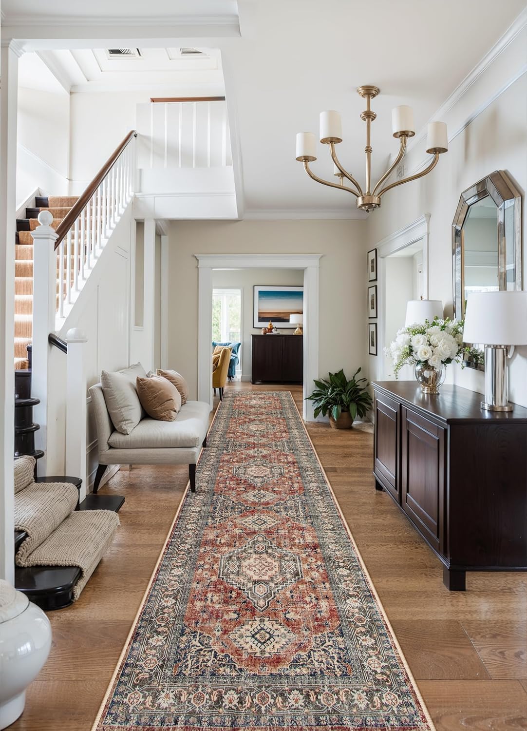 Lahome Oriental Hallway Runner Rug, 2.5x12 Washable Runners for Hallways Kitchen, Soft Distressed Non Shedding Long Carpet for Entryway ‎Laundry Room, Brick Red