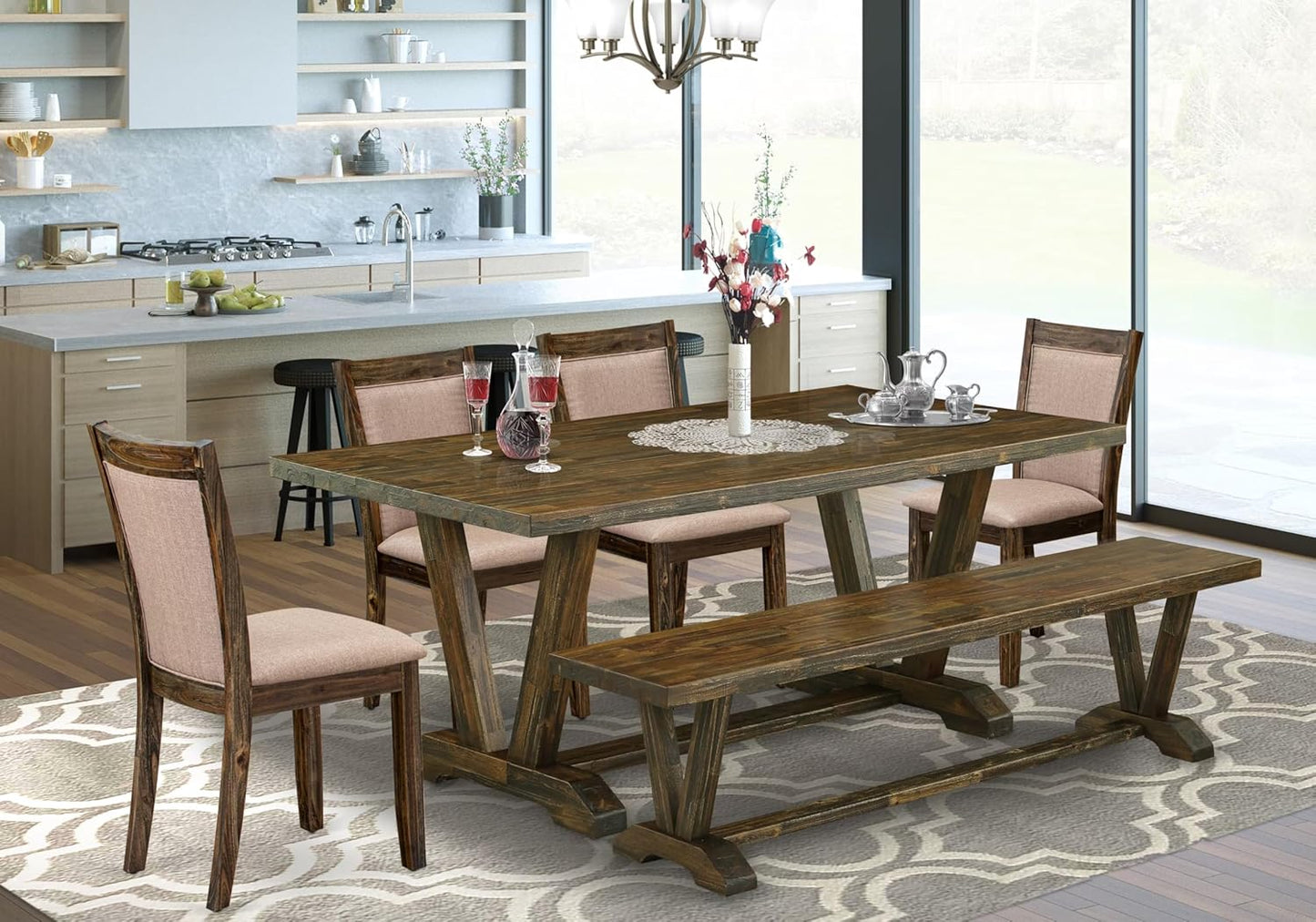 East West Furniture V777MZ716-6 6 Piece Dining Table Set Contains a Rectangle Dining Room Table with V-Legs and 4 Dark Khaki Linen Fabric Parson Chairs with a Bench, 40x72 Inch, Multi-Color