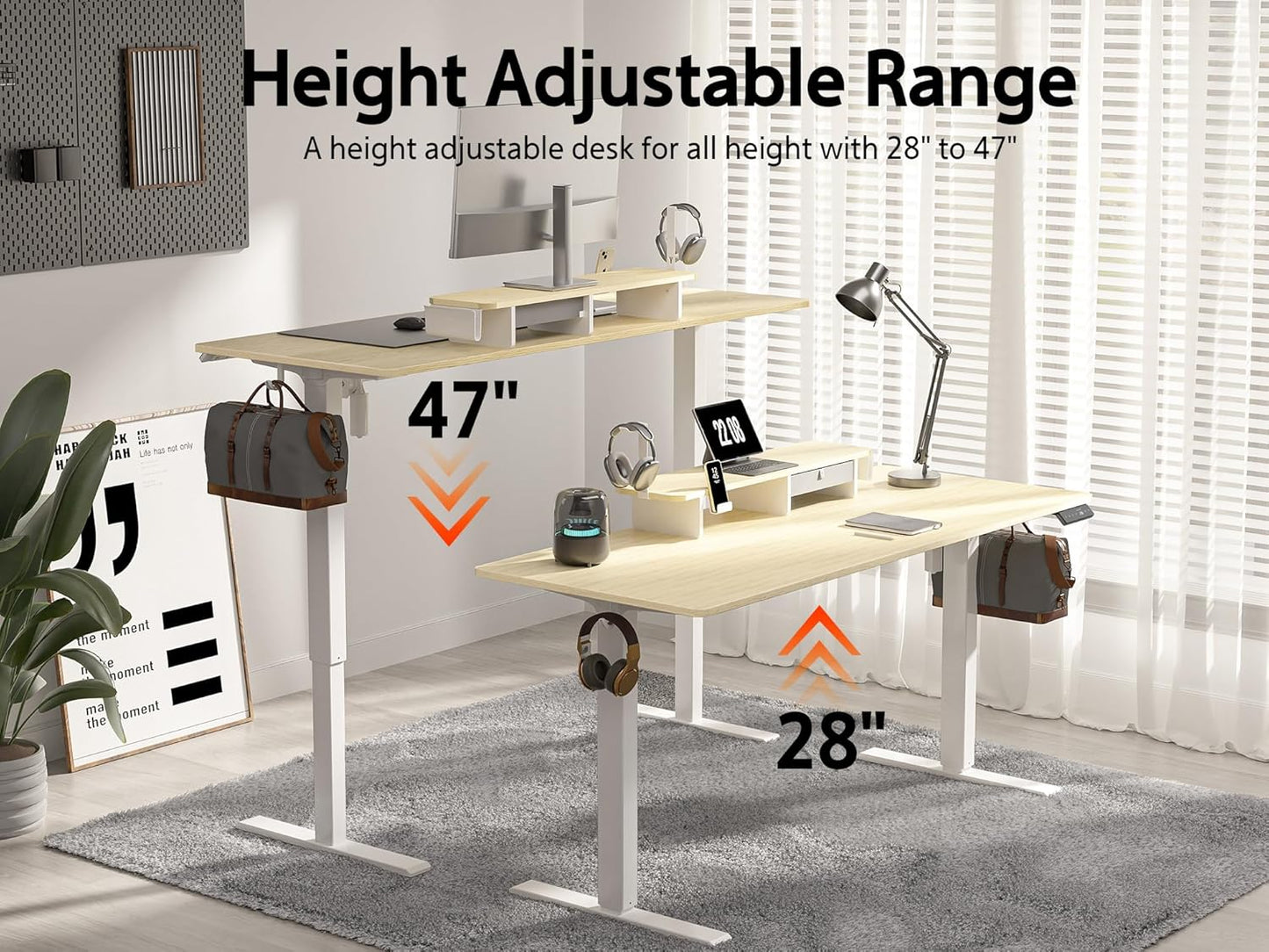 63x24 Inches Electric Standing Desk with Drawer and Monitor Stand, Height Adjustable Sit to Stand up Desk for Home Office, Ergonomic Computer Table with Phone Holder, 3 Hooks, Oak