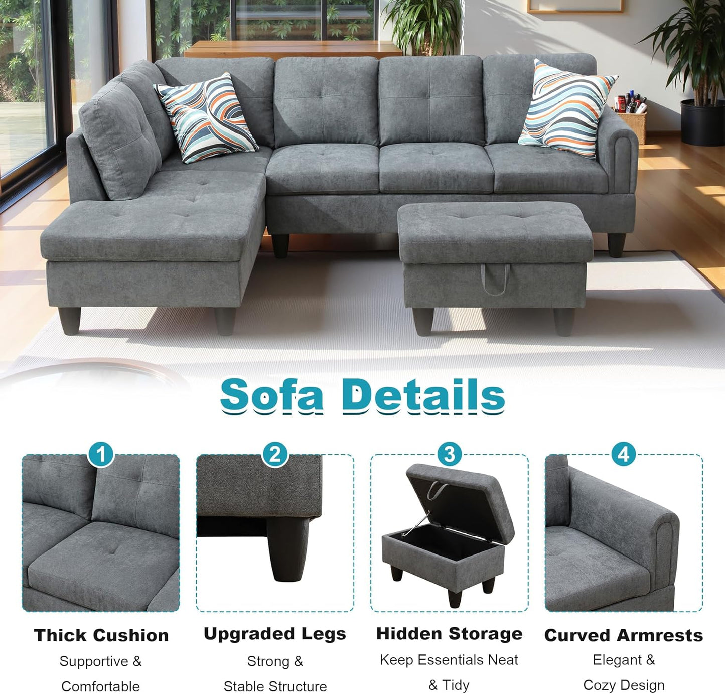 97" Oversized Sectional Couch, L Shaped Couch with Storage Ottoman, Modern Modular Sofa with Deep Seat, Sectional Couches for Living Room and Office, Dark Grey (Fluffy Fabric)
