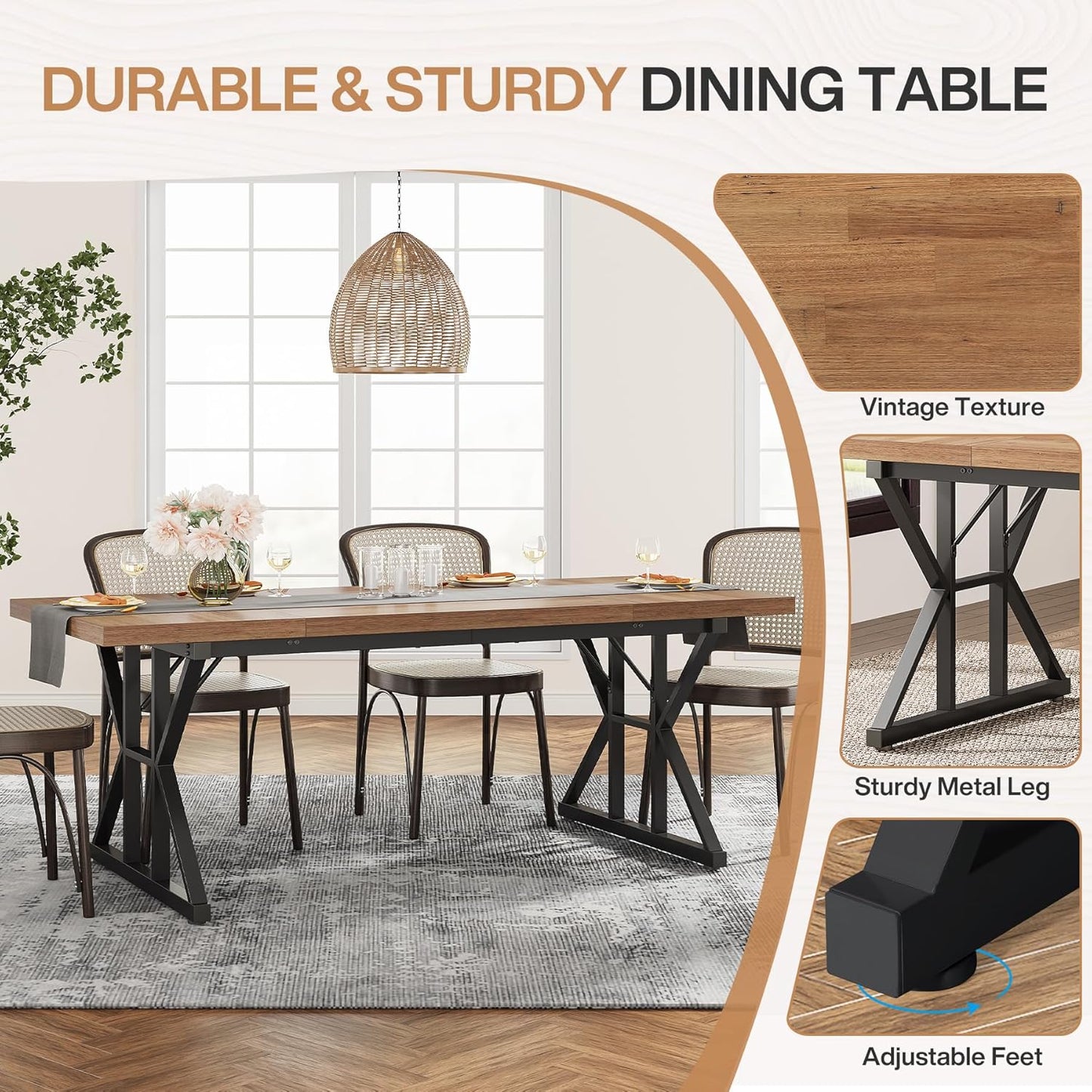 Tribesigns Farmhouse Dining Table for 6 People, 70.8-Inch Rectangular Wood Dining Table, Rustic Kitchen Table with Heavy Duty Metal Legs for Dining Room (Light Brown, 70.8 Inch)