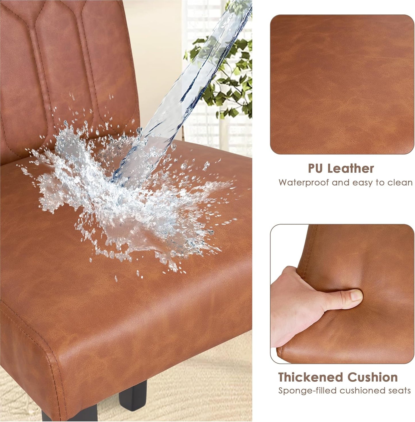 VECELO Upholstered Dining Chairs Set of 2, Modern PU Leather Accent Parsons, Solid Wood Legs w/Rubber Footpads, for Living Room Kitchen, Brown