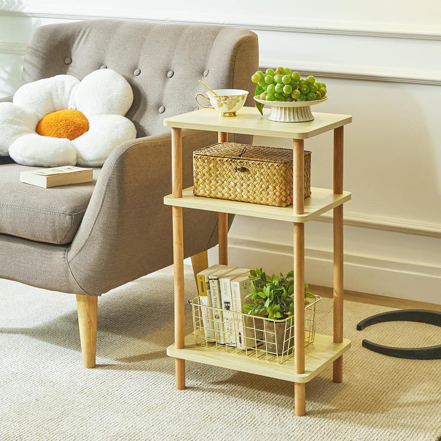 IBUYKE 3-Tier Side Table, Solid Wood Tall End Table with Storage Shelves, Nightstand Bedside Table for Living Room Bedroom Office, No-Tool Assembly, Light Natural UWST003S