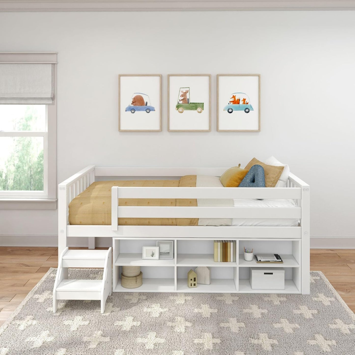 Max & Lily Soren Ultra Low Loft Bed, Twin Bed Frame for Kids with Bookcase, White