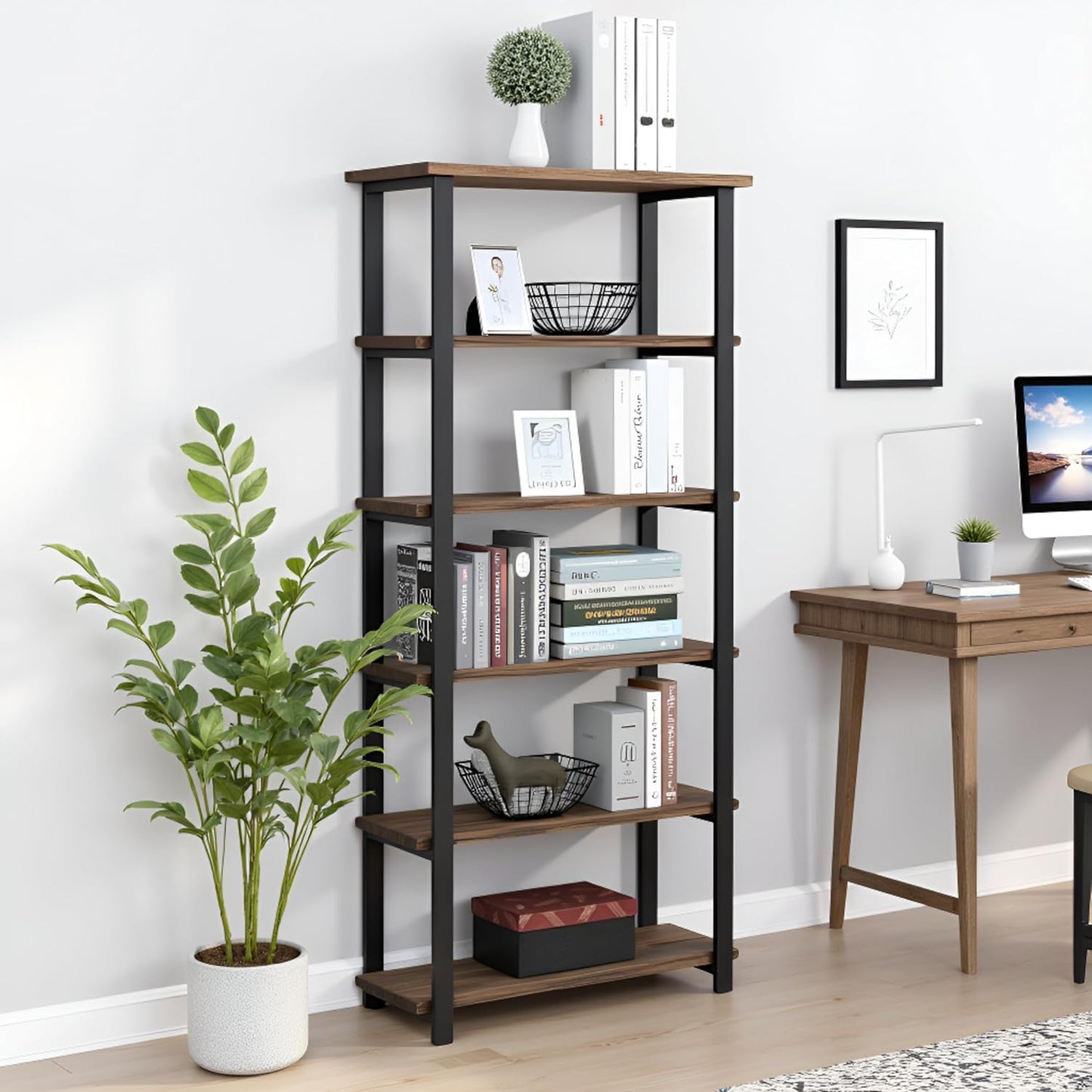 Pomona 6-Tier Bookcase – 70" Tall Solid Wood with Metal Frame Bookshelf – Durable Industrial Storage for Home Office, Living Room, or Bedroom by Alaterre Furniture (Brown Lacquer Finish)