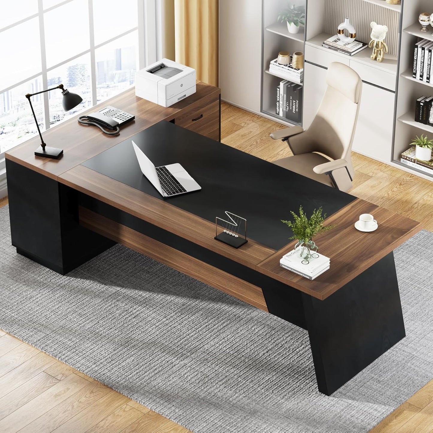 Tribesigns 78" L-Shaped Executive Desk, Large Modern Office Desk with Drawers and File Cabinet, Business Furniture with Storage Shelves, Big Computer Desk for Home Office (Light Walnut + Black)