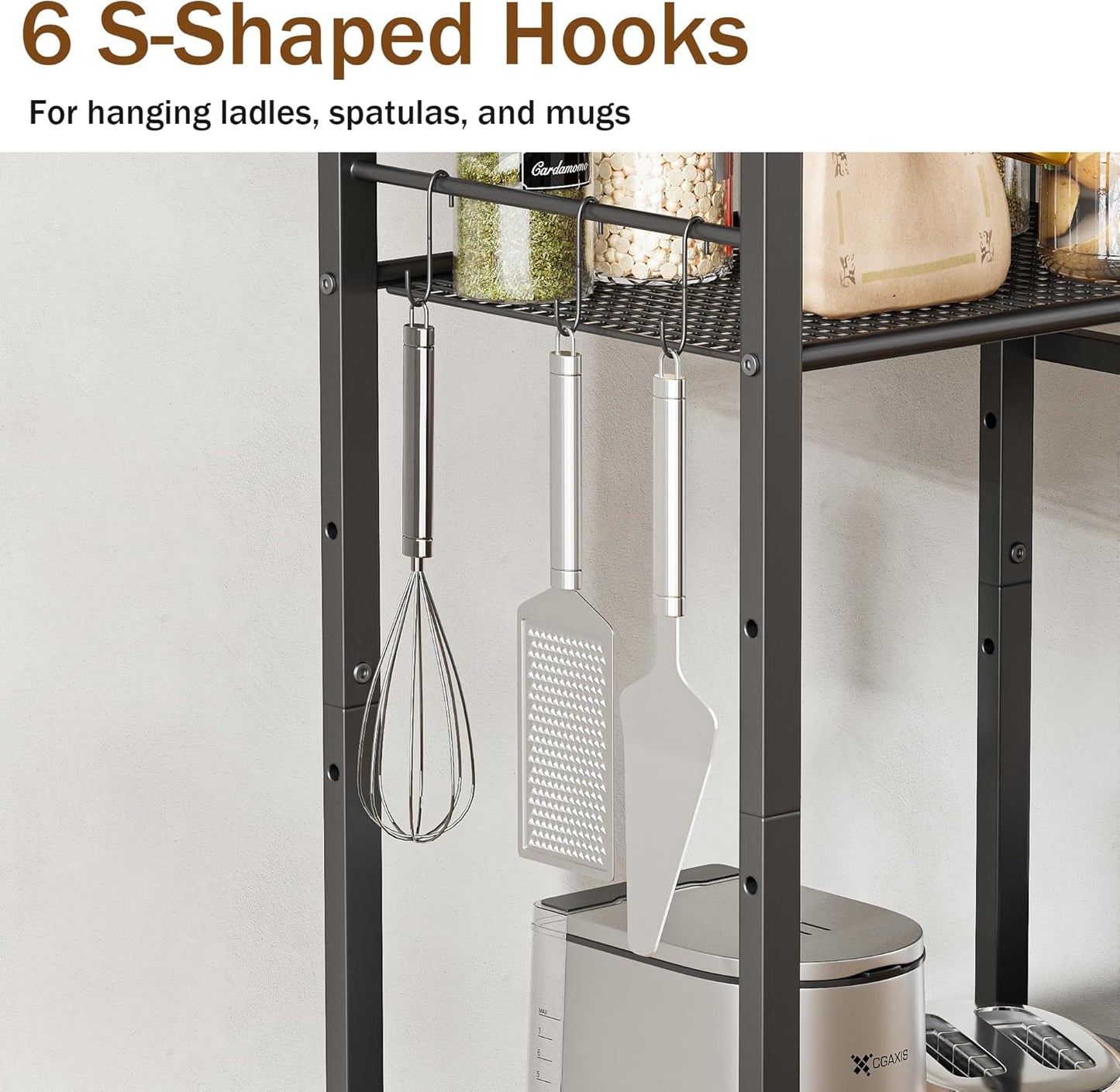 Kitchen Baker’s Rack, Microwave Stand with 2 Mesh Basket, Coffee Bar, 6 S-Shaped Hook, for Kitchen Storage Shelf, Living Room, Rustic Brown and Black