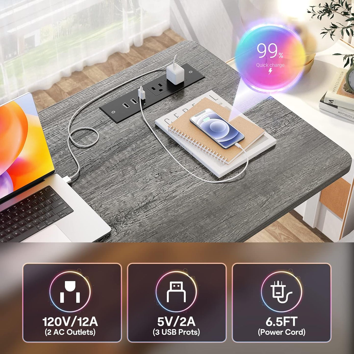 Height Adjustable Standing Desk with Power Outlets, 32" Manual Stand Up Desk with Storage Shelves Small Mobile Rolling Computer Desk Portable Laptop Table with Wheels for Home Office, Grey Oak