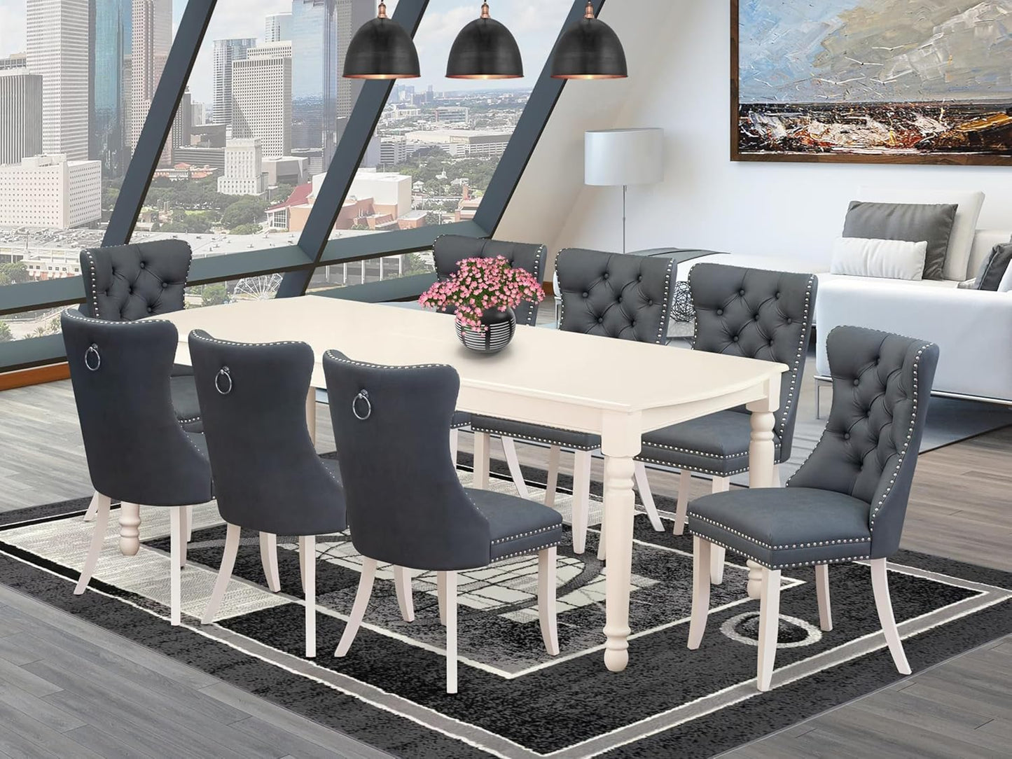 East West Furniture DODA9-LWH-13 9 Piece Dining Table Set Includes a Rectangle Kitchen Table with Butterfly Leaf and 8 Polyester Fabric Chairs, Linen White