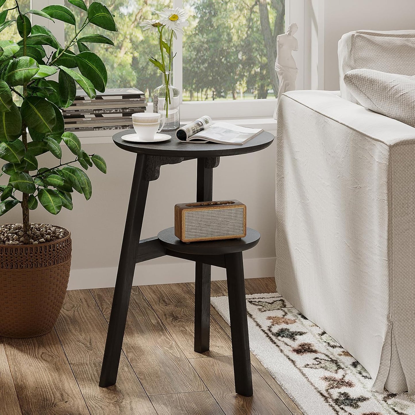 ChooChoo Round End Table for Small Spaces, Narrow Side Table, Accent Table Night Stand with 2 Tier Shelf for Bedroom and Living Room, Black