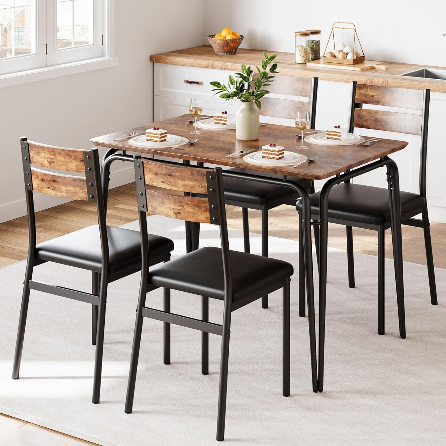 5 Piece Dining Table Set for 4, Compact Square Table Chairs, Sturdy MDF Top, Metal Frame, Space-Saving Breakfast Set for Kitchen, Apartment, Office, Easy Assembly Wipe-Clean