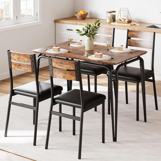 5 Piece Dining Table Set for 4, Compact Square Table Chairs, Sturdy MDF Top, Metal Frame, Space-Saving Breakfast Set for Kitchen, Apartment, Office, Easy Assembly Wipe-Clean
