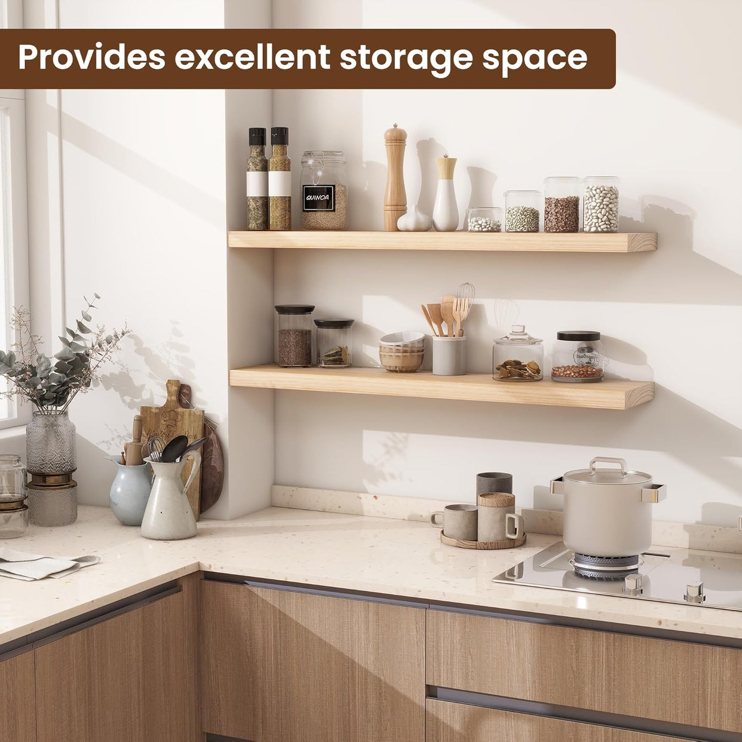 Heimlove Rustic Farmhouse Floating Shelves 36 inch,8 Inch Deep Solid Pine Wood Wall Shelf for Kitchen,Bathroom,Bedroom,Living Room,36" W x 8" D-Set of 2-Unfinished-DIY