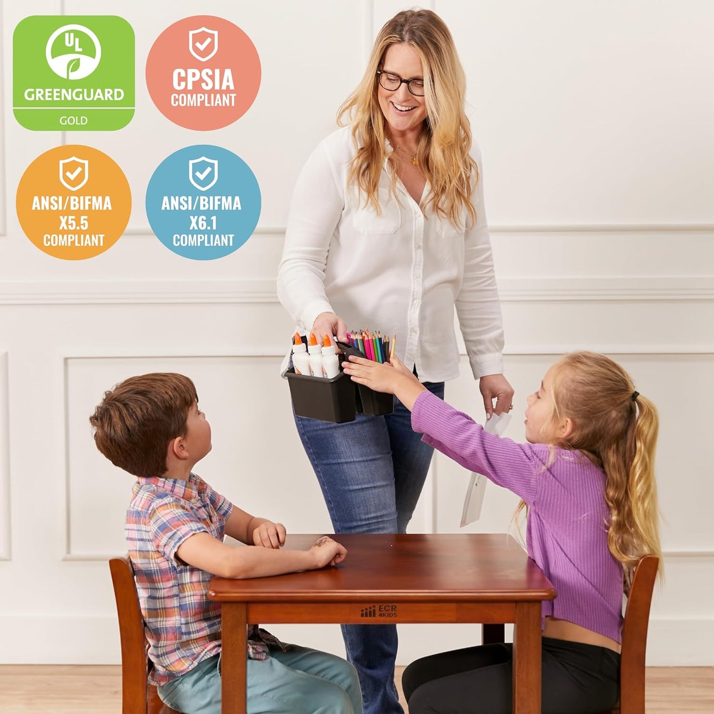 ECR4Kids 24in x 24in Hardwood Table and Chair Set, 12in Seat Height, Kids Furniture, Dark Walnut