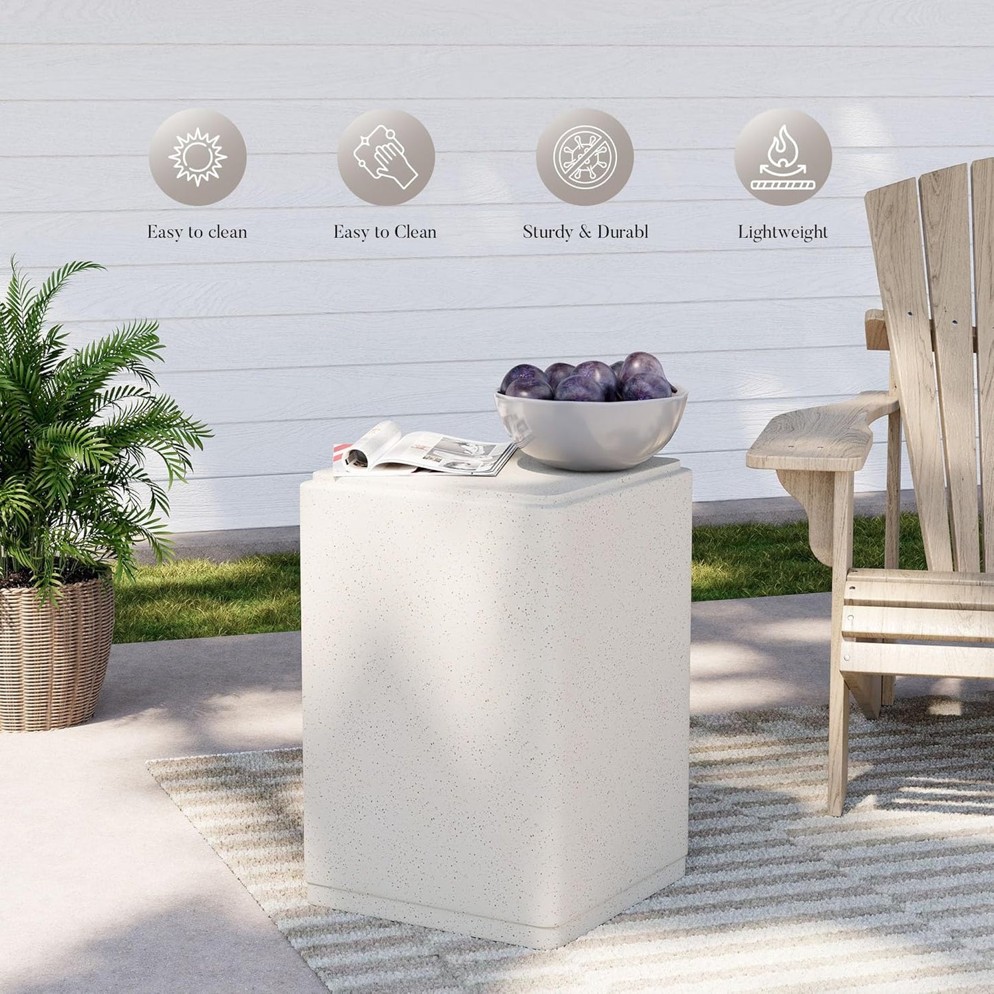 COSIEST 20" Outdoor Side Table, Weather-Resistant Square Concrete End Table for Patio,Durable Small Outside Tables Accent Stool for Garden, Porch, Deck, Balcony & Beach，Speckled White