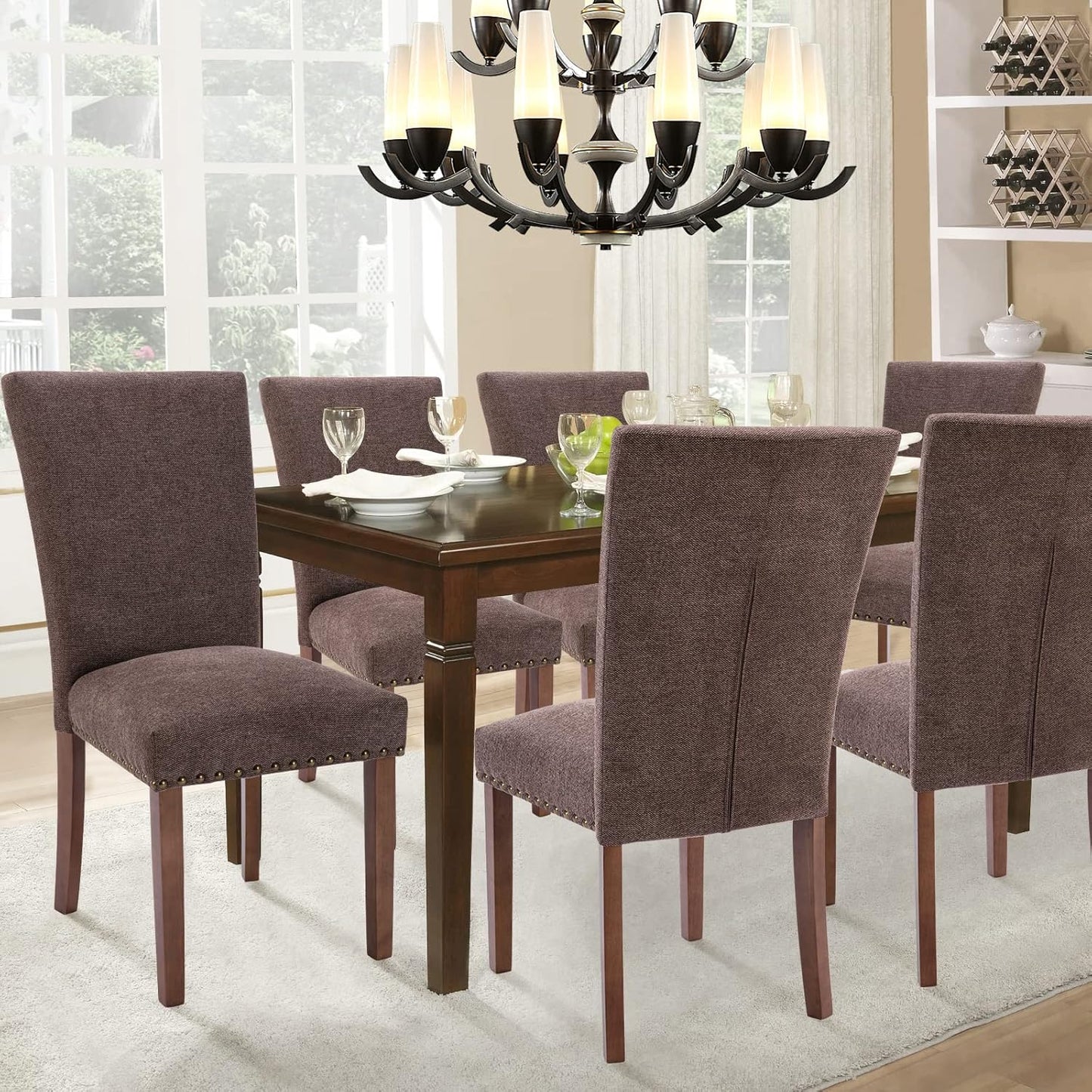 Parsons Dining Chairs Set of 6, Upholstered Nailhead Dining Room Kitchen Side Chair with Thick Cushions and Wood Legs, Brown