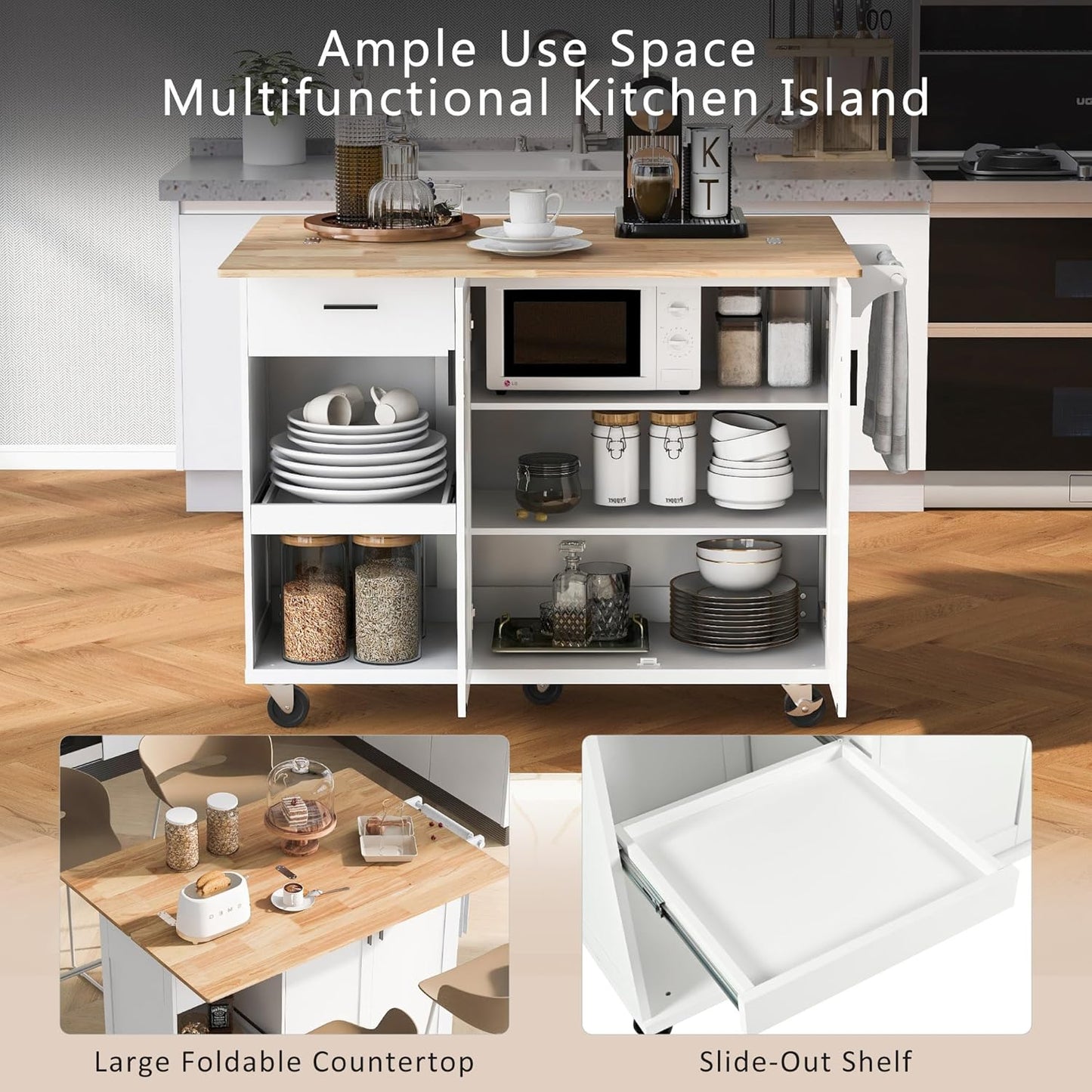 49" Foldable Kitchen Island Cart, White with Slide-Out Shelf, Towel Rack & Drawer, Rolling on Wheels, for Living & Dining Rooms