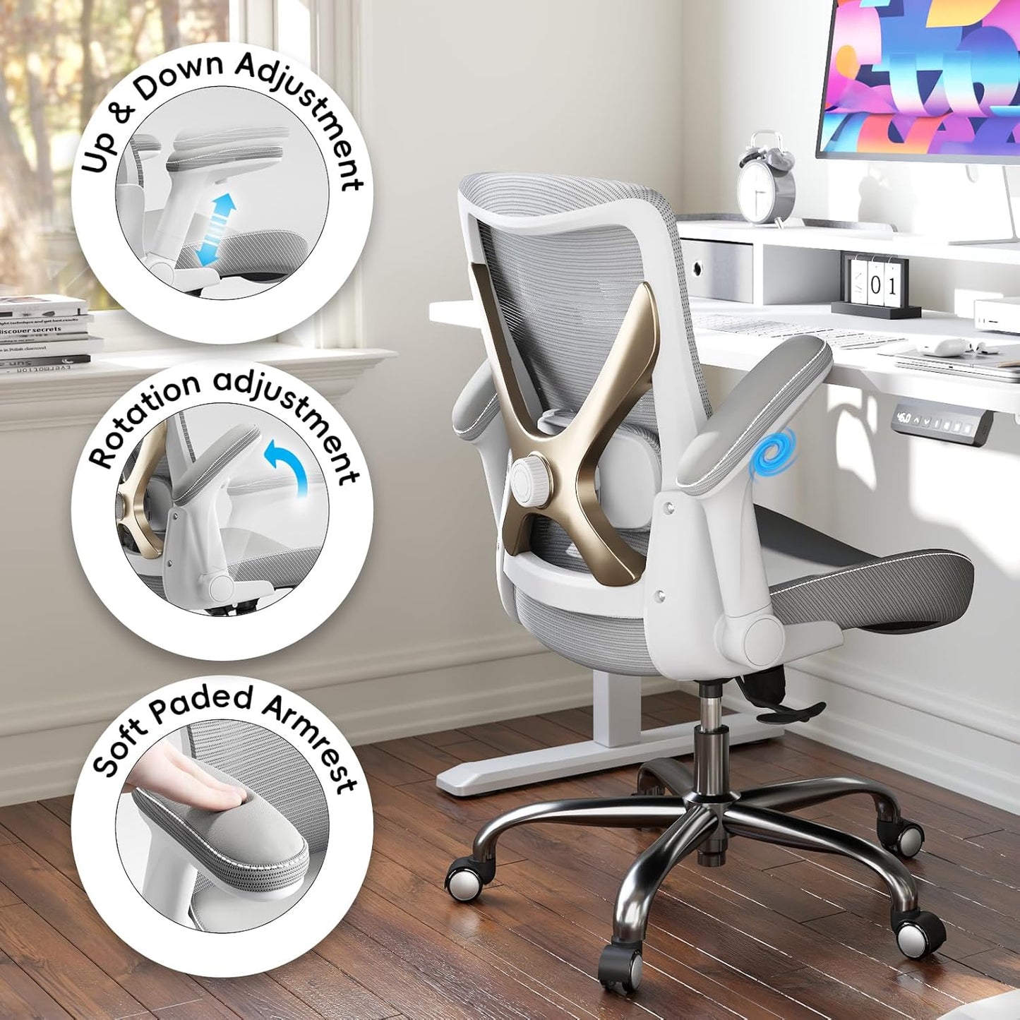 Ergonomic Office Chair-Computer PU Leather X-Shaped Desk Chair-Gaming Chair with Adjustable Flip-up Armrests Lumbar Support Mesh Executive Chair for Long Hours Office (Grey)