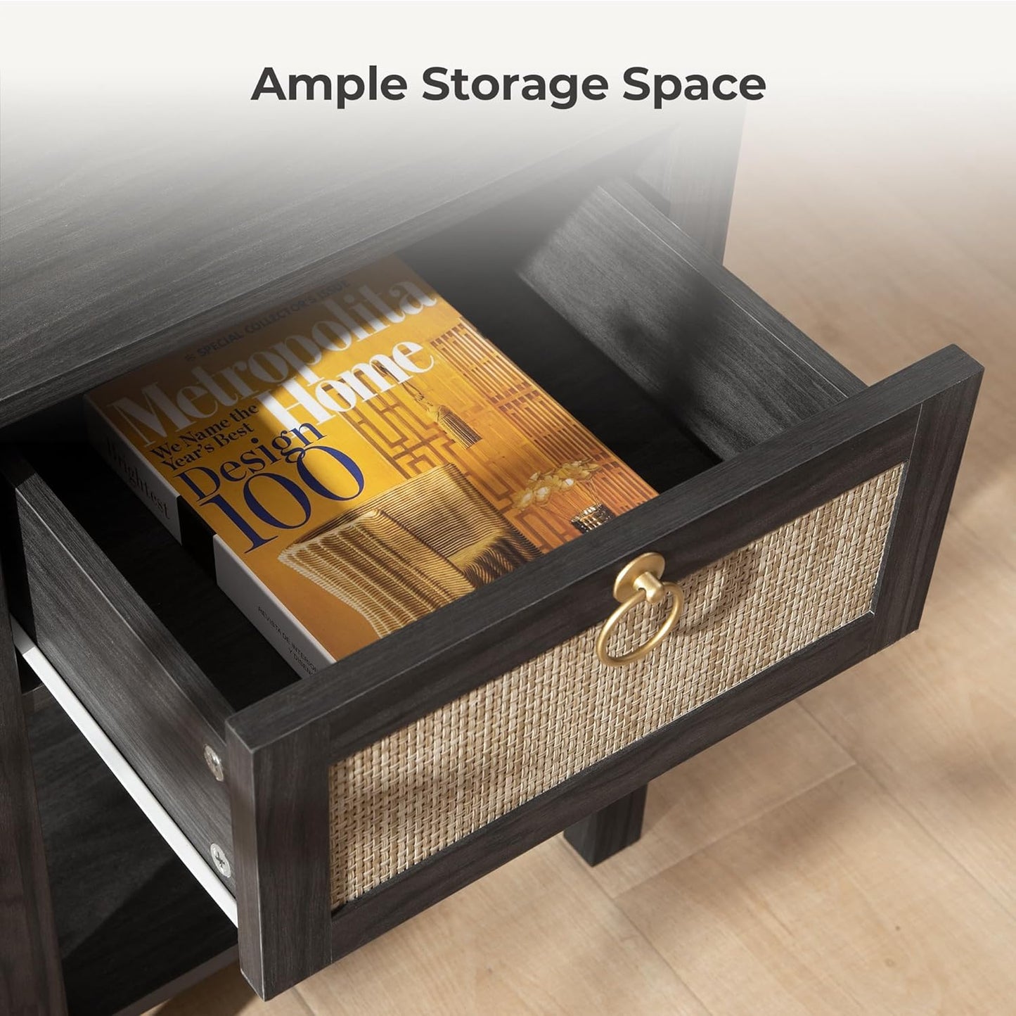 SICOTAS Rattan Nightstand, Rattan Decor Drawer with Brass Knobs Night Stand Bedside Table Boho End Tables Side Tables with Storage Shelf for Bedroom,Small Space