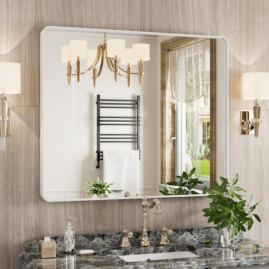 White Bathroom Mirror 30x36 Inch, White Metal Framed Bathroom Mirror for Wall, Rounded Rectangle Matte Bathroom Vanity Mirror, Tempered Glass, Anti-Rust, Horizontal/Vertical
