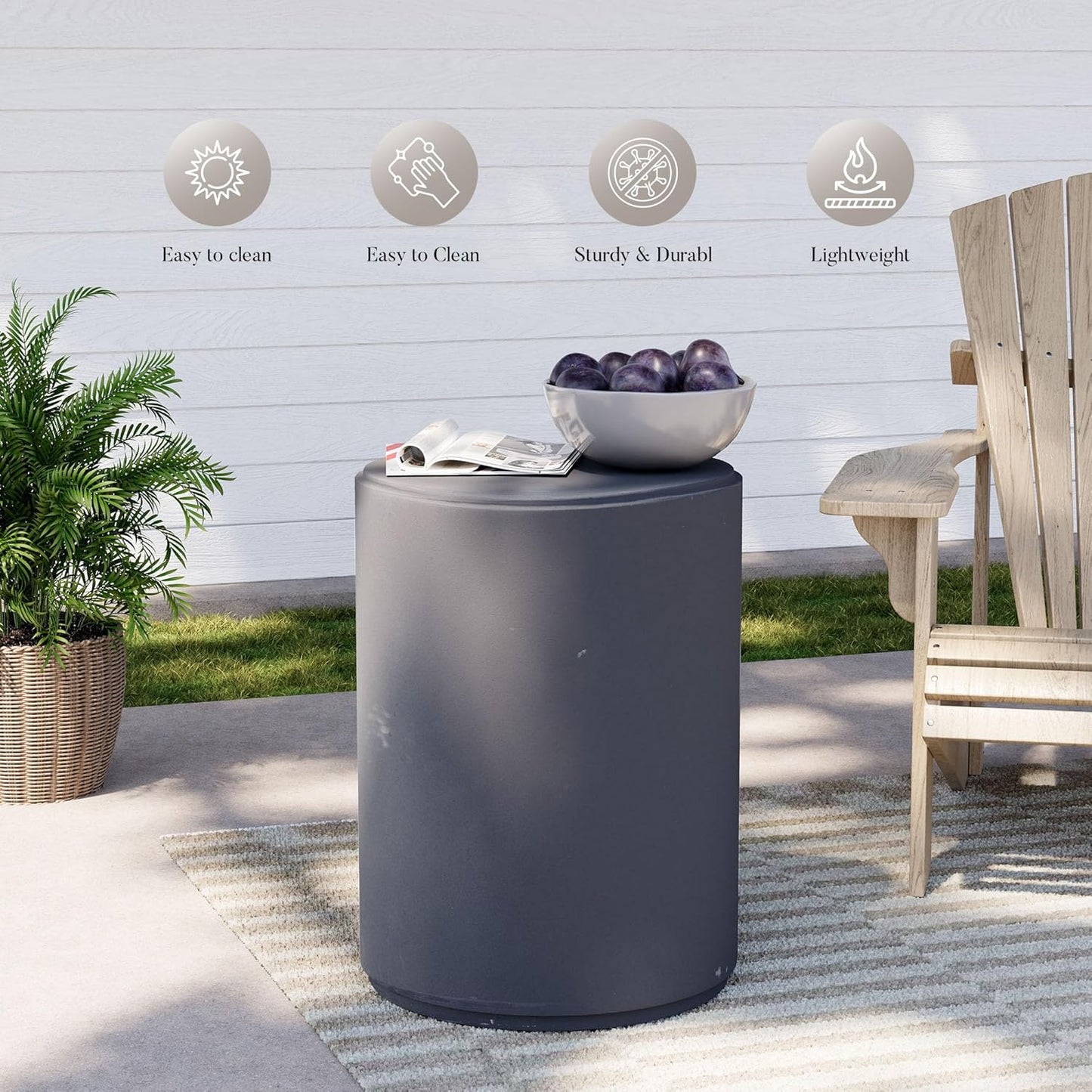 COSIEST 21" Outdoor Side Table, Weather-Resistant Round Concrete End Table for Patio,Durable Small Outside Tables Accent Stool for Garden, Porch, Deck, Balcony & Beach，Cement Gray