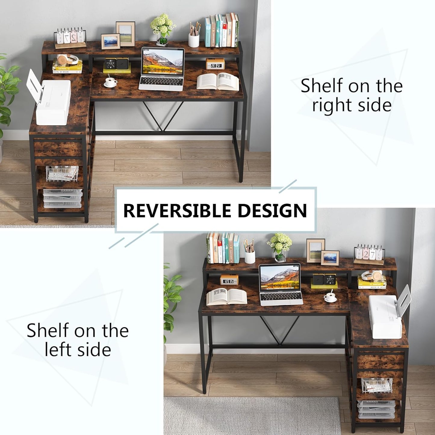 Tribesigns Reversible L Shaped Desk with Drawer, Brown Corner Desk with Storage Shelves and Monitor Stand, Writing Table for for Small Space (Rustic)