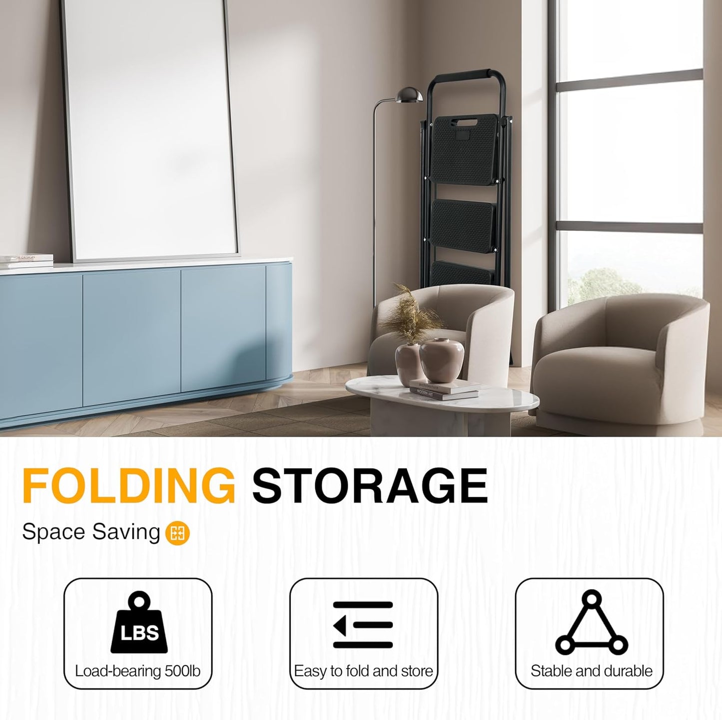 3 Step Ladder, Portable Steel Folding Step Stool with Wide Anti-Slip Pedal & Convenient Handgrip, 500lbs Sturdy Steel Ladder, Black