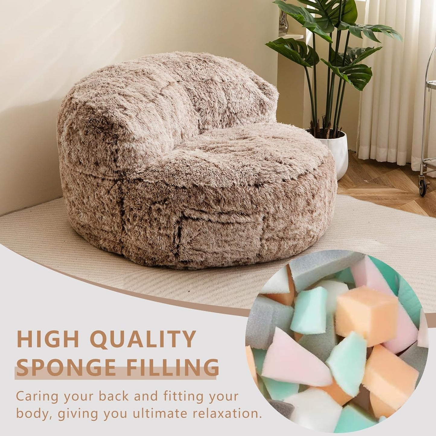 BYBYME Giant Bean Bag Chair, Faux Fur Bean Bag Couch with Filler Large Living Room Bean Bag Chairs for Adults, Big Lazy Sofa Accent Chair with Pocket Floor Chair
