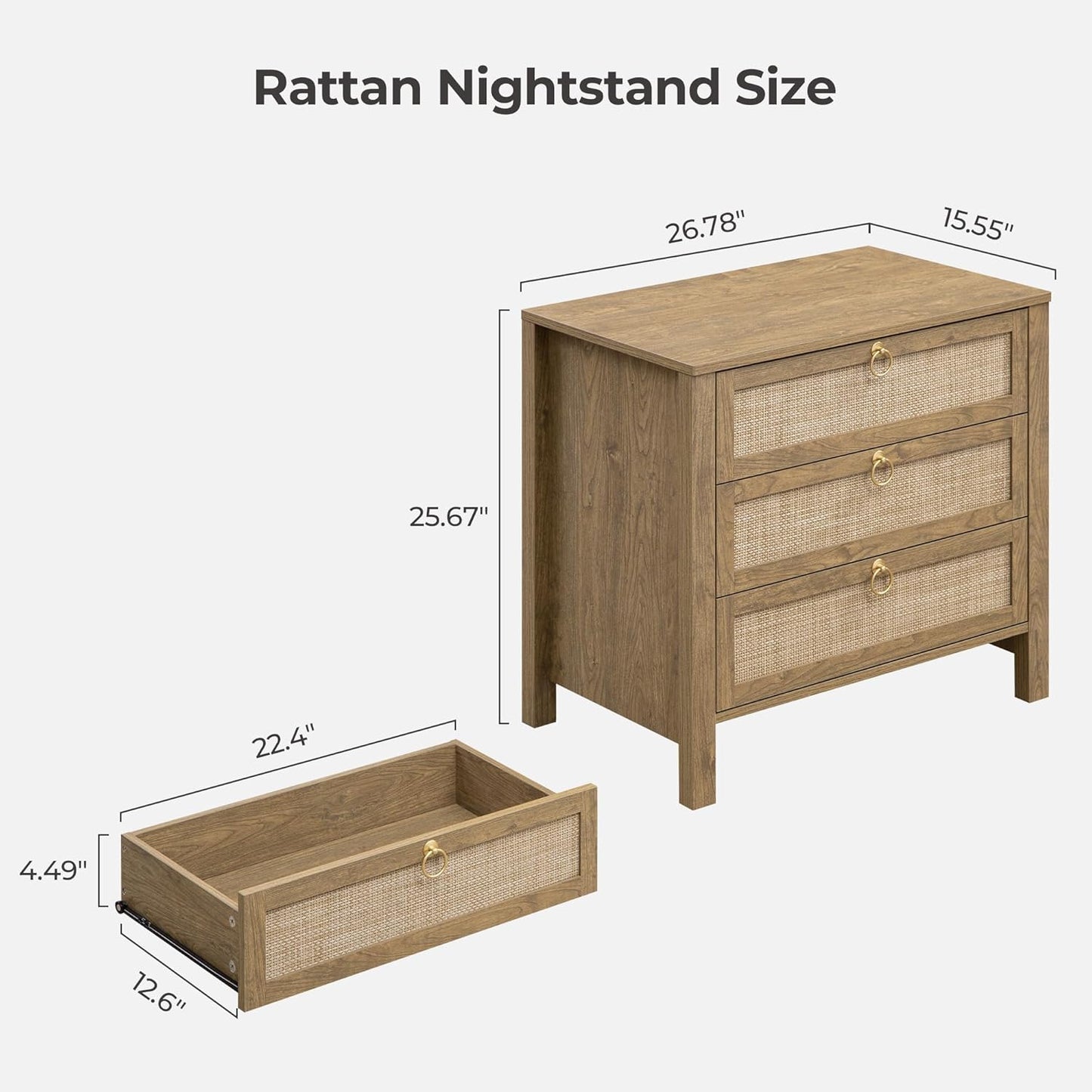 SICOTAS Night Stand with Drawers, Large Rattan Bedside Table with Golden Handle, 3 Drawers Nightstand Tall End Table Side Table Boho Nightstand for Bedroom