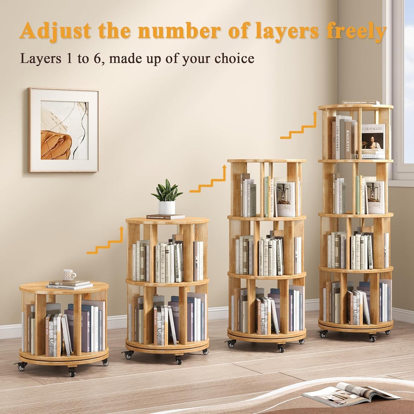 4 Tier Rotating Bookshelf Tower, 360 Spinning Bookcase Carousel with Lockable Wheels, Round Lazy Susan Organizer for Corner Bookshelf, Solid Wood Revolving Bookcase for Kids Room, Bedroom, Living Room