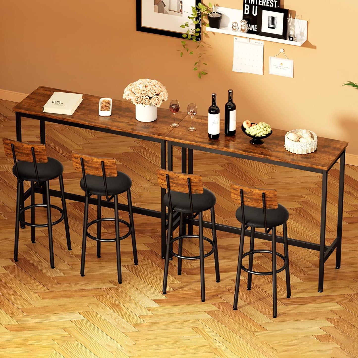 Bar Stools with Back, High Kitchen Barstools with Back, Counter Stools Bar Chairs with Backrest, Footrest, Industrial Seat for Dining Room Kitchen Bar (Rustic Brown and Black) BS-003RBV1