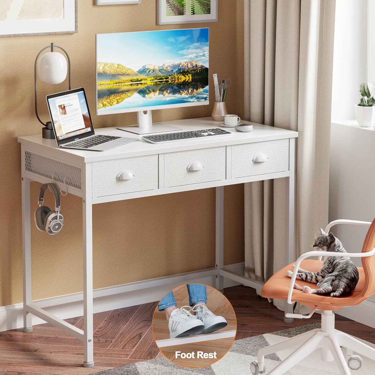 Furologee White Small Computer Desk with 3 Fabric Drawers,40 Inch Simple Table Home Office Writing,Vanity Desk with Hooks, Study Desk for Bedroom Small Spaces